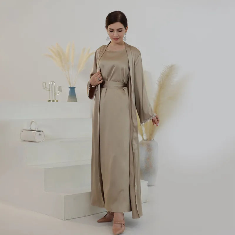 Elegant Muslim Women's Beaded Sleeve Satin Cardigan Open Abaya Dress for Eid, Wedding, Party & Special Occasions - Perfect for Islamic Celebrations, Festivals and Formal Events