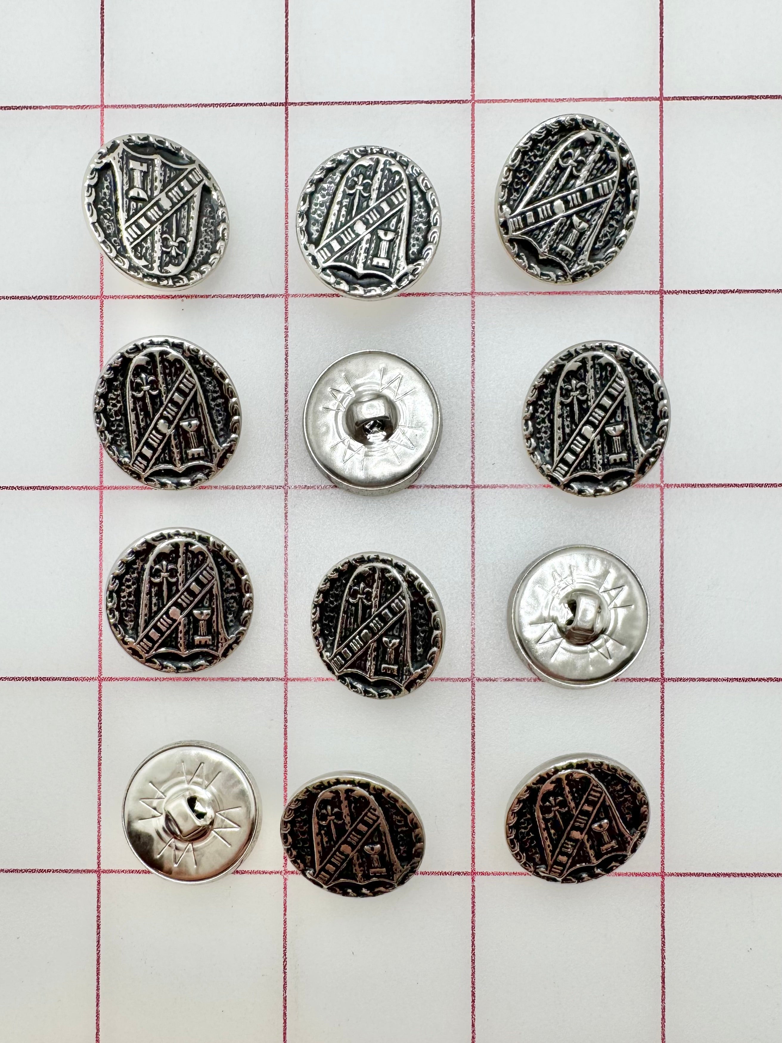 Vintage Knight's Shield Buttons - Antique Silver Metallic Decorative Buttons for DIY Crafts, Costumes, and Medieval-Themed Projects
