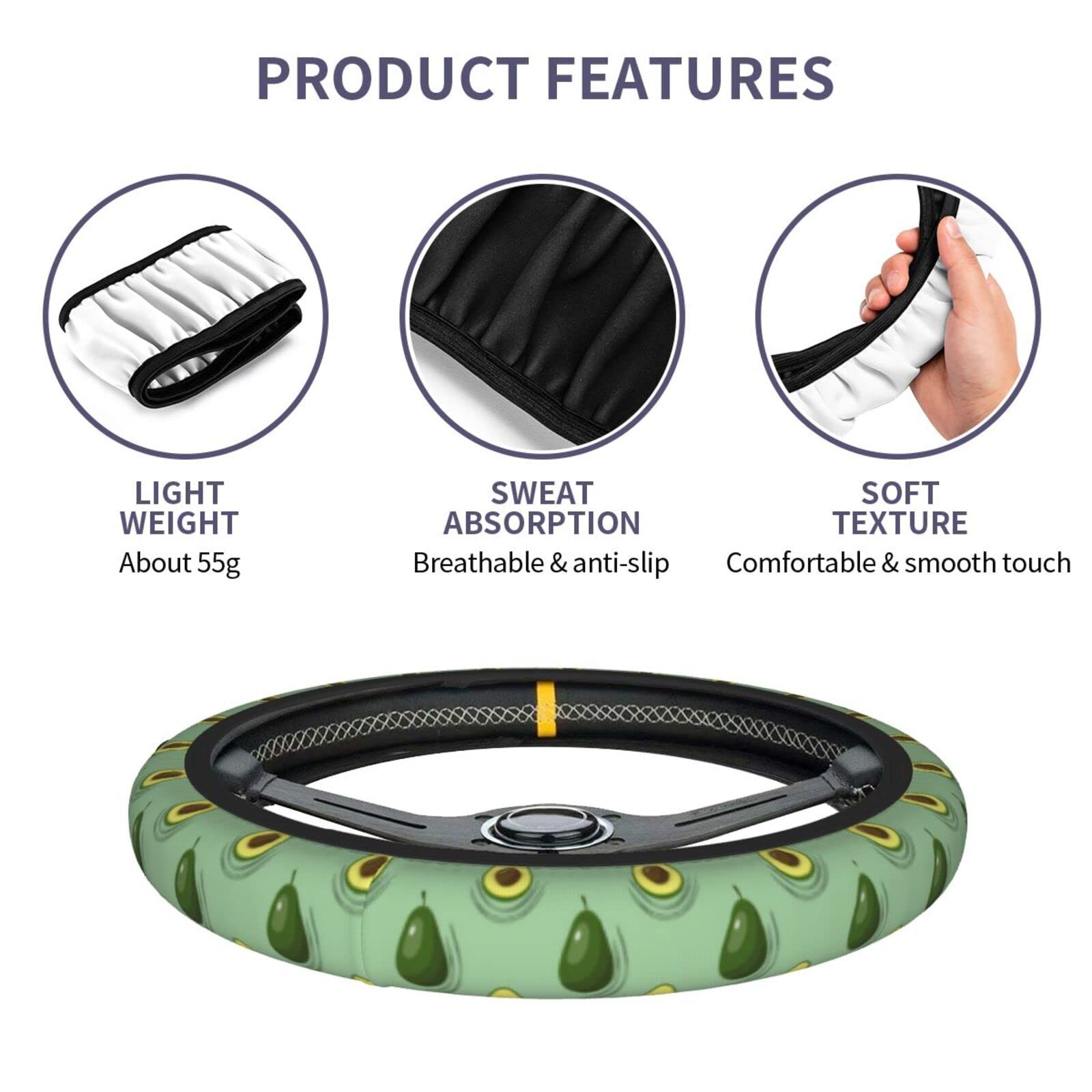 Universal 15 Inch Avocado Print Neoprene Steering Wheel Cover - Cute Car Accessory for Whole/Halves Avocado Lovers - Perfect for Summer Road Trips & Protecting Your Steering Wheel from Sun Damage