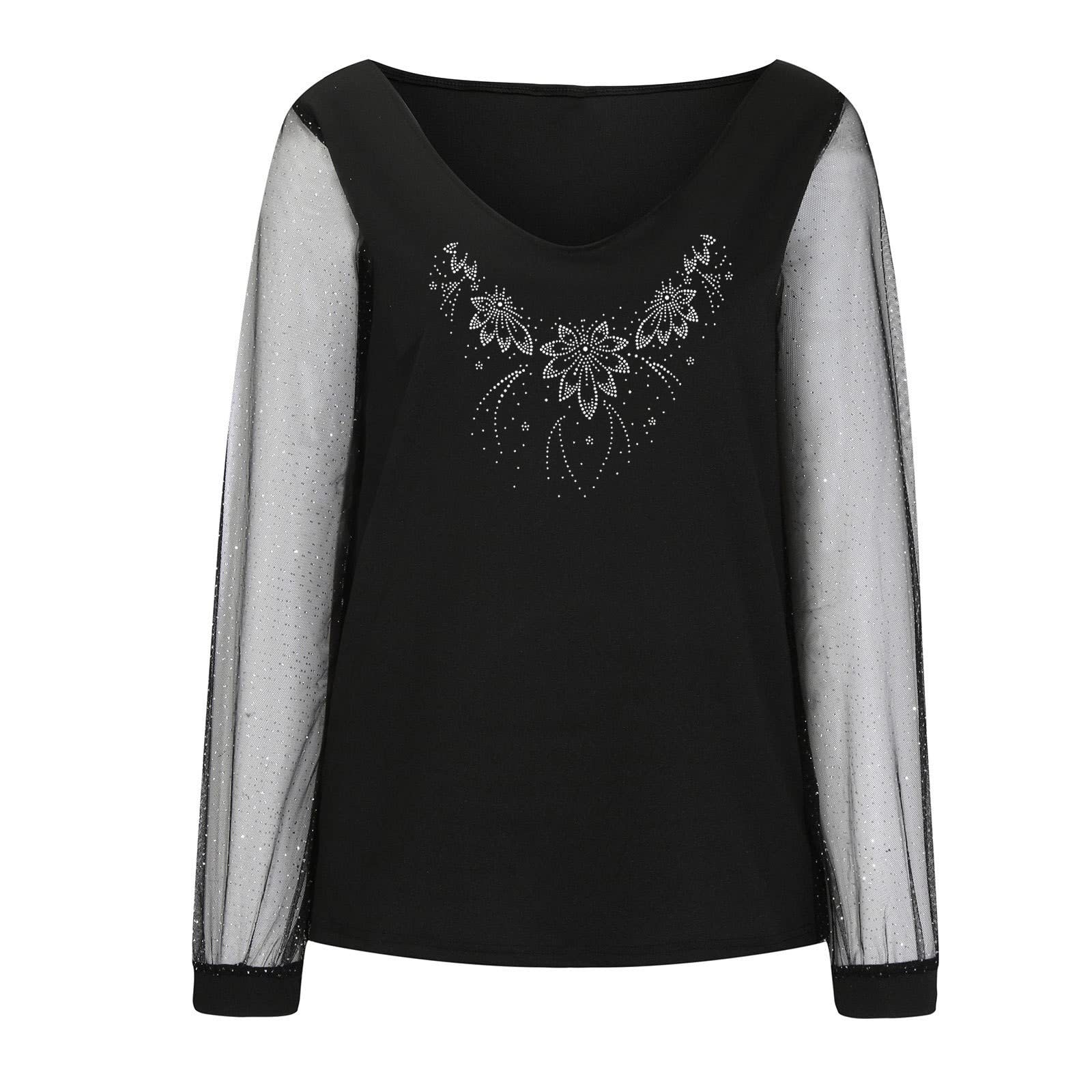 Sparkly Butterfly Print Women's Mesh Long Sleeve V-Neck T-Shirt - Elegant Pullover Top for Casual Wear, Party & Date Night Outfits
