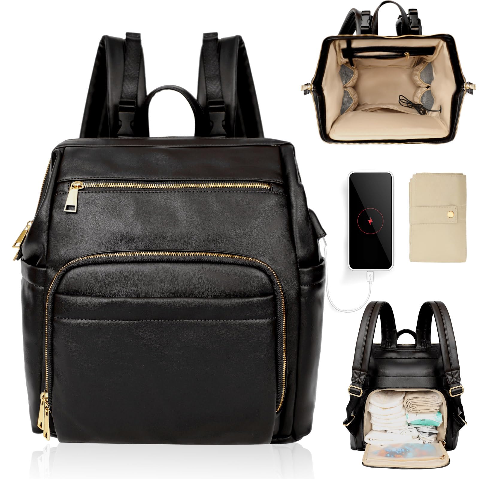 Premium Leather Diaper Backpack for Baby Essentials - 18 Pockets, 6 Insulated Compartments, USB Charging Port & Stroller Straps | Large Travel Diaper Bag with Changing Pad (Black) | Perfect for Moms, Dads & Daycare Use