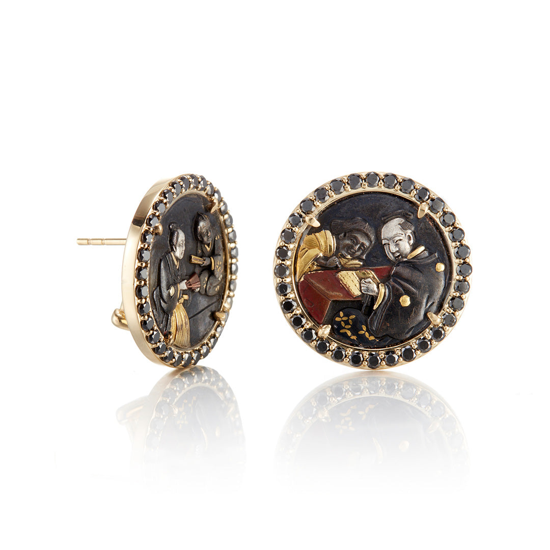 Vintage Shakudo & Black Diamond Earrings for Women – Handcrafted Japanese Jewelry – Elegant Dangle Earrings for Parties, Weddings & Special Occasions