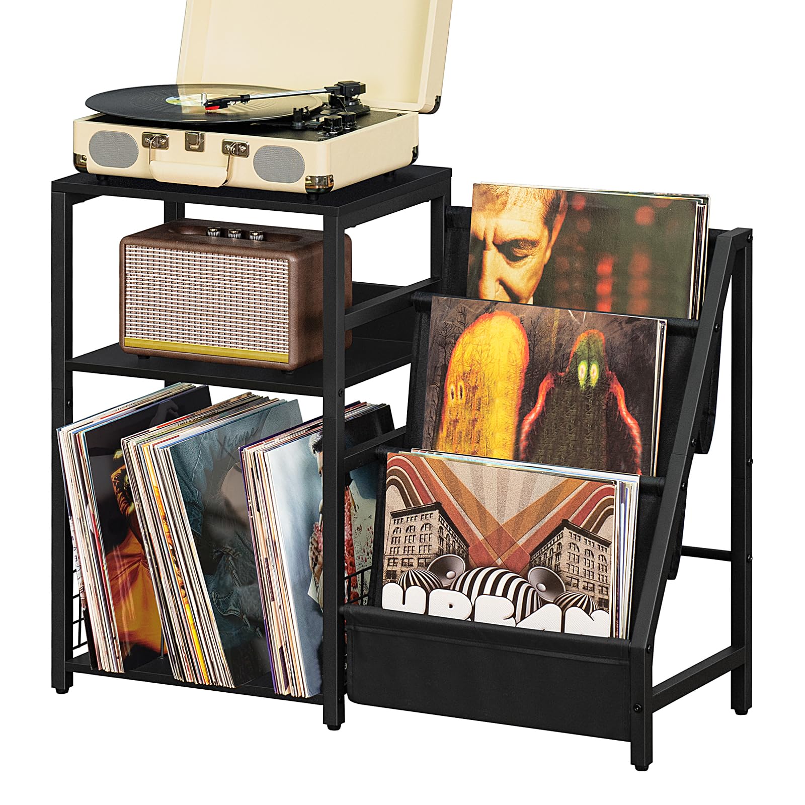 LELELINKY 3-Tier Black End Table with Vinyl Storage - Industrial Record Player Stand Holds 150+ Albums, Side Table with Display Shelf for Living Room, Bedroom & Office - Perfect for Organizing Vinyl Records, Books & Decor