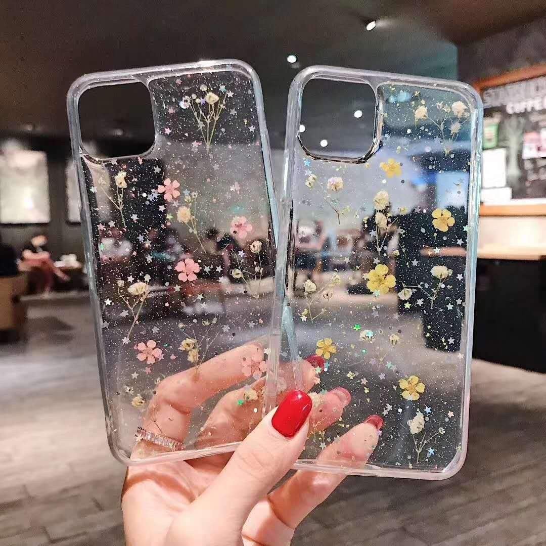 YTanazing Real Flower Glitter Floral iPhone 12 Pro Max Case - Slim Shockproof Flexible Clear TPU Back Cover for 6.7 inch (Yellow Flowers) | Perfect for Daily Use, Gift Giving & Spring Fashion
