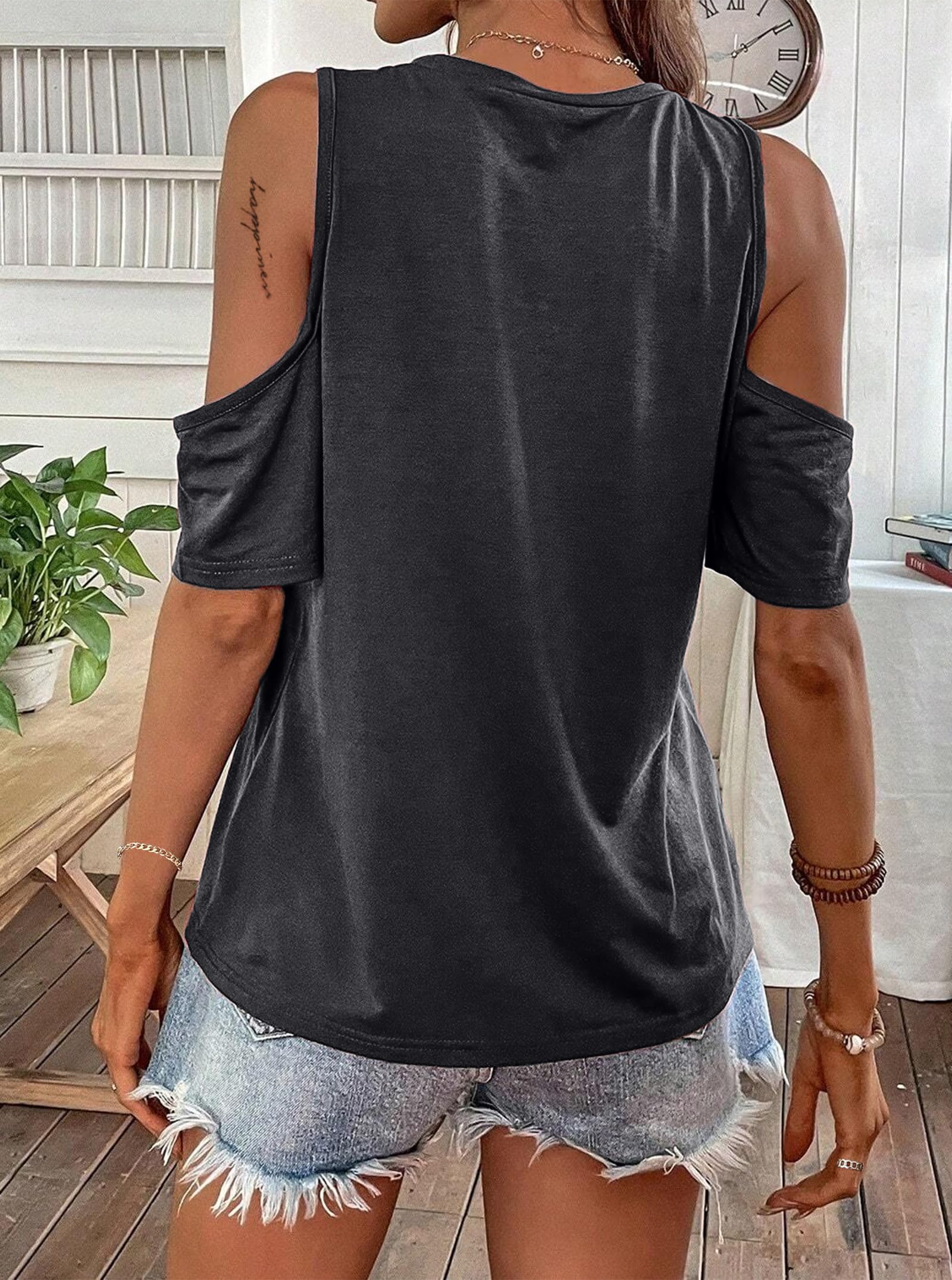 Hilinker Women's Vintage Graphic Cold Shoulder Tops - Short Sleeve Summer T-Shirts for Casual Outings, Beach Wear & Street Style Fashion