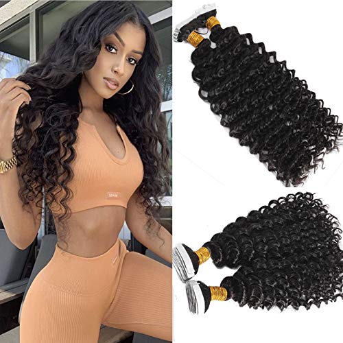 100% Remy Human Hair Tape in Extensions for Black Women - 20 Inch Deep Curly Tape in Hair (40pcs/100g) - Natural Color #1, Invisible Skin Weft for Seamless Blending | Perfect for Daily Wear, Parties & Special Occasions