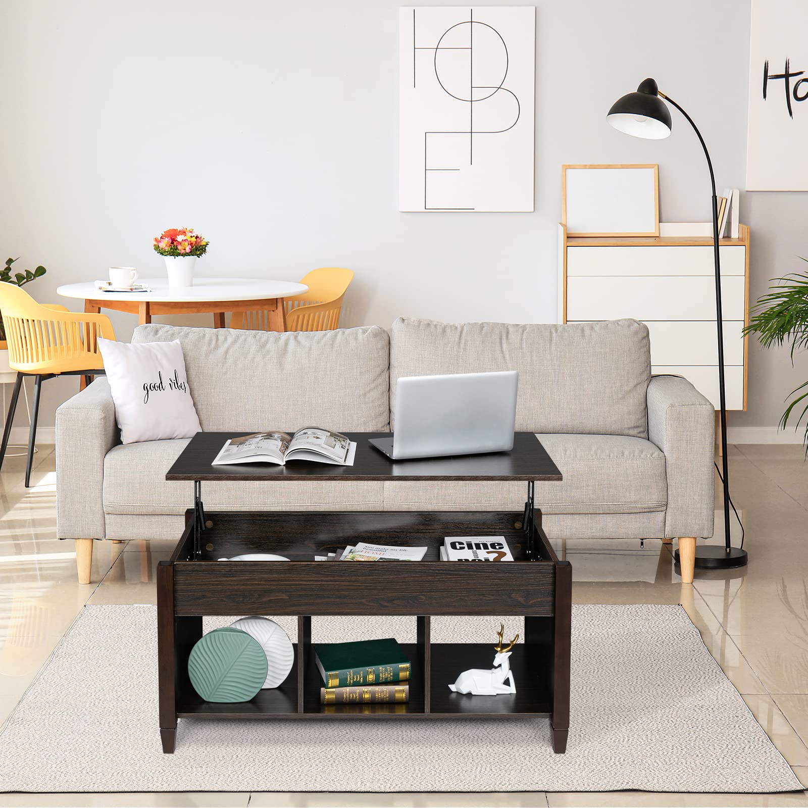 Lift Top Coffee Table with Hidden Storage - Modern Adjustable Wooden Center Table with 3 Cube Open Shelves, Raisable Top for Living Room, Bedroom, Office - Espresso Brown