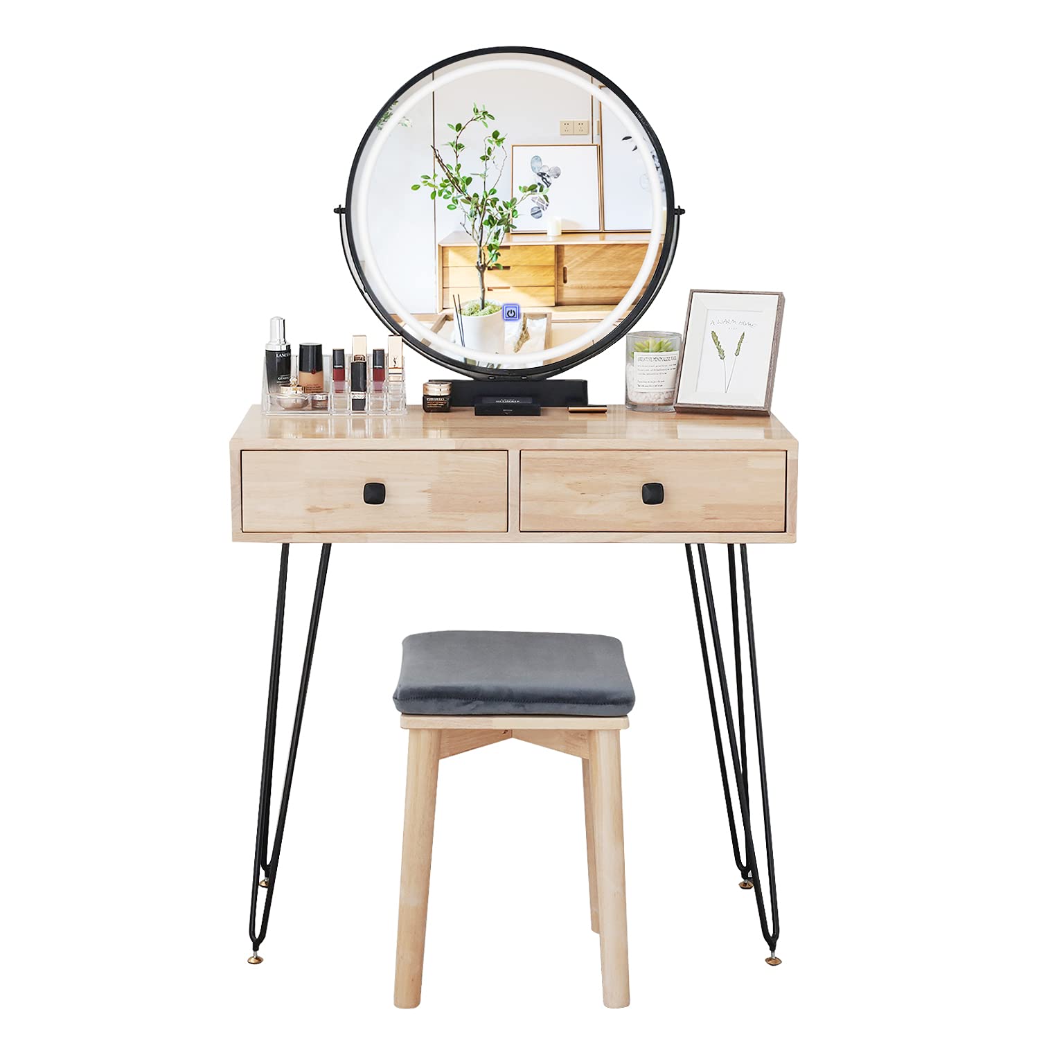 Fullwatt Vanity Table Set with Touch Screen LED Mirror - Adjustable Lighted Makeup Desk with 2 Drawers, Wall Mounted Mirror & Cushioned Stool - Perfect for Bedroom, Dressing Room & Beauty Salon (Makeup Organizer Included)