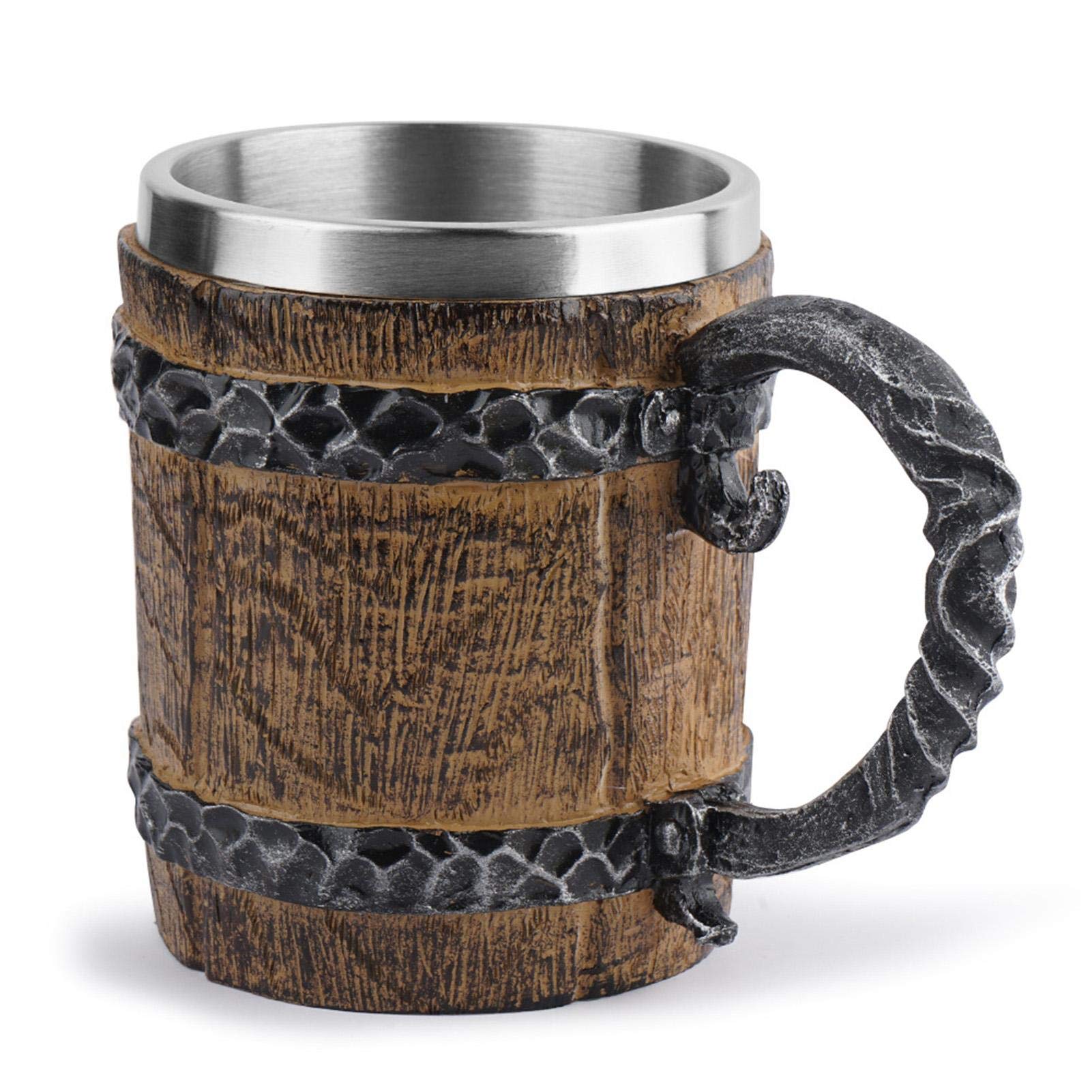 Wooden Barrel Beer Mug - 450ml Double Wall Insulated Metal Drinking Cup - Vintage Viking Style Beer Stein - Perfect for Home, Parties & Gifts for Men (Simulated Wood Design)