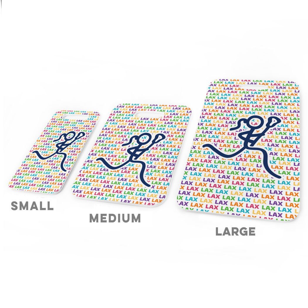 Custom Girls Lacrosse Luggage Tag - Personalized Female Lacrosse Stick Player Design with Info Panel - Small White Bag Tag for Travel & Sports Gear