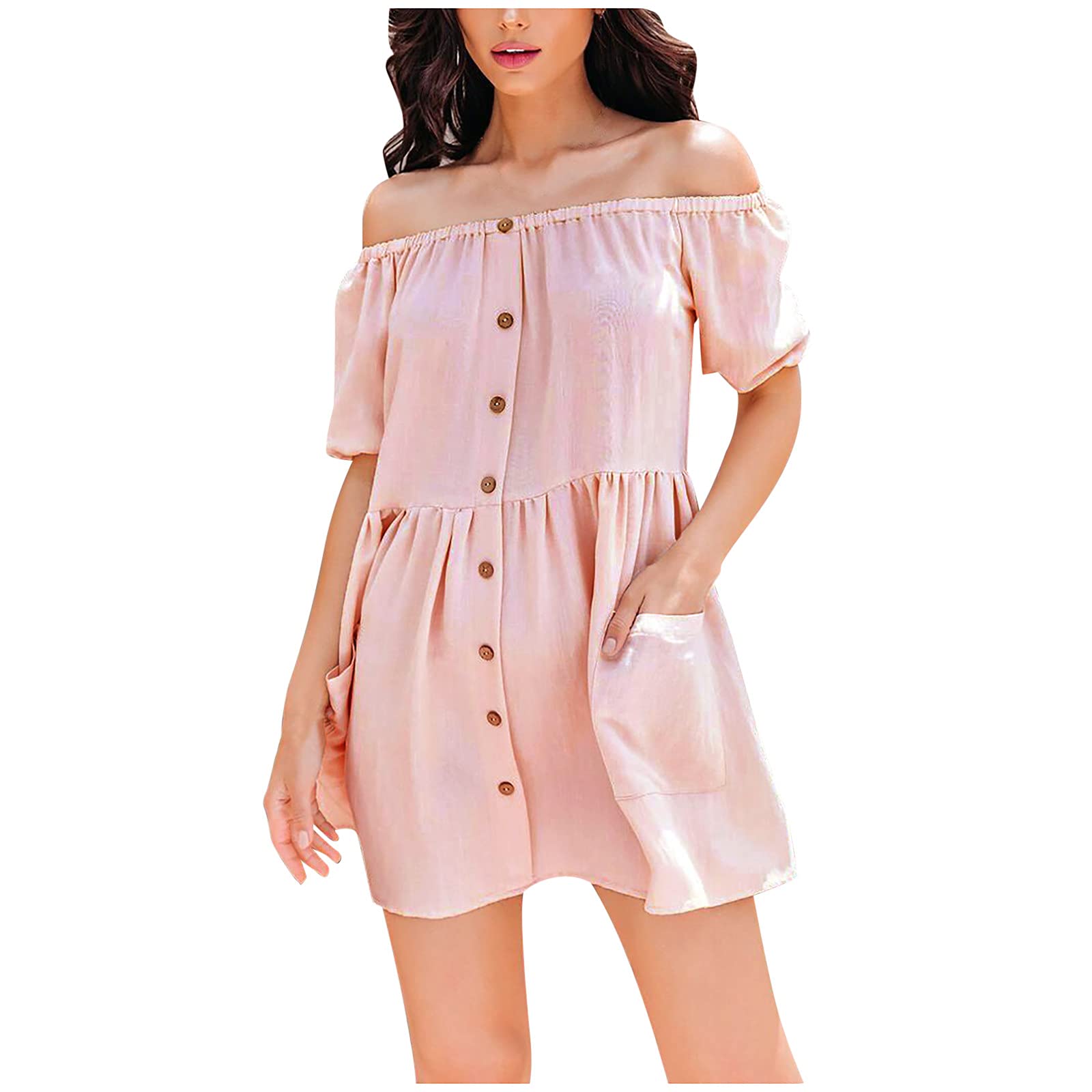 Women's Summer Off Shoulder Button Down Dress - Comfortable Empire Waist Mini Short Dress for Beach, Vacation & Date Night