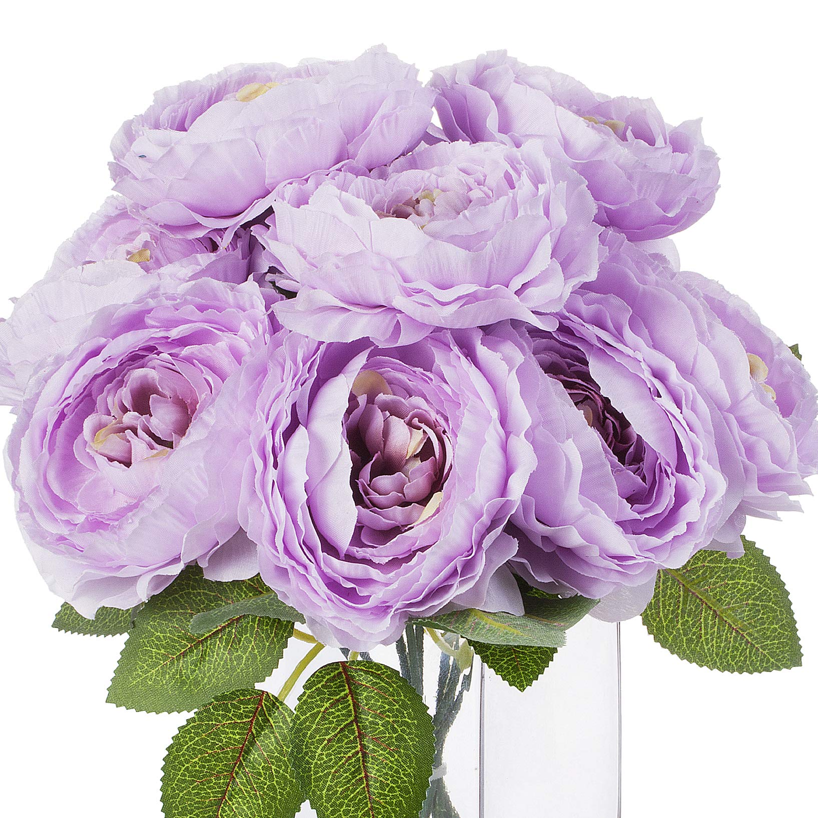 ENOVA HOME Artificial Silk Peony Flowers Arrangement in Clear Glass Vase - Purple Faux Peony Bouquet for Wedding Centerpiece, Home Decor, Table Decorations & Party Decorative Accents