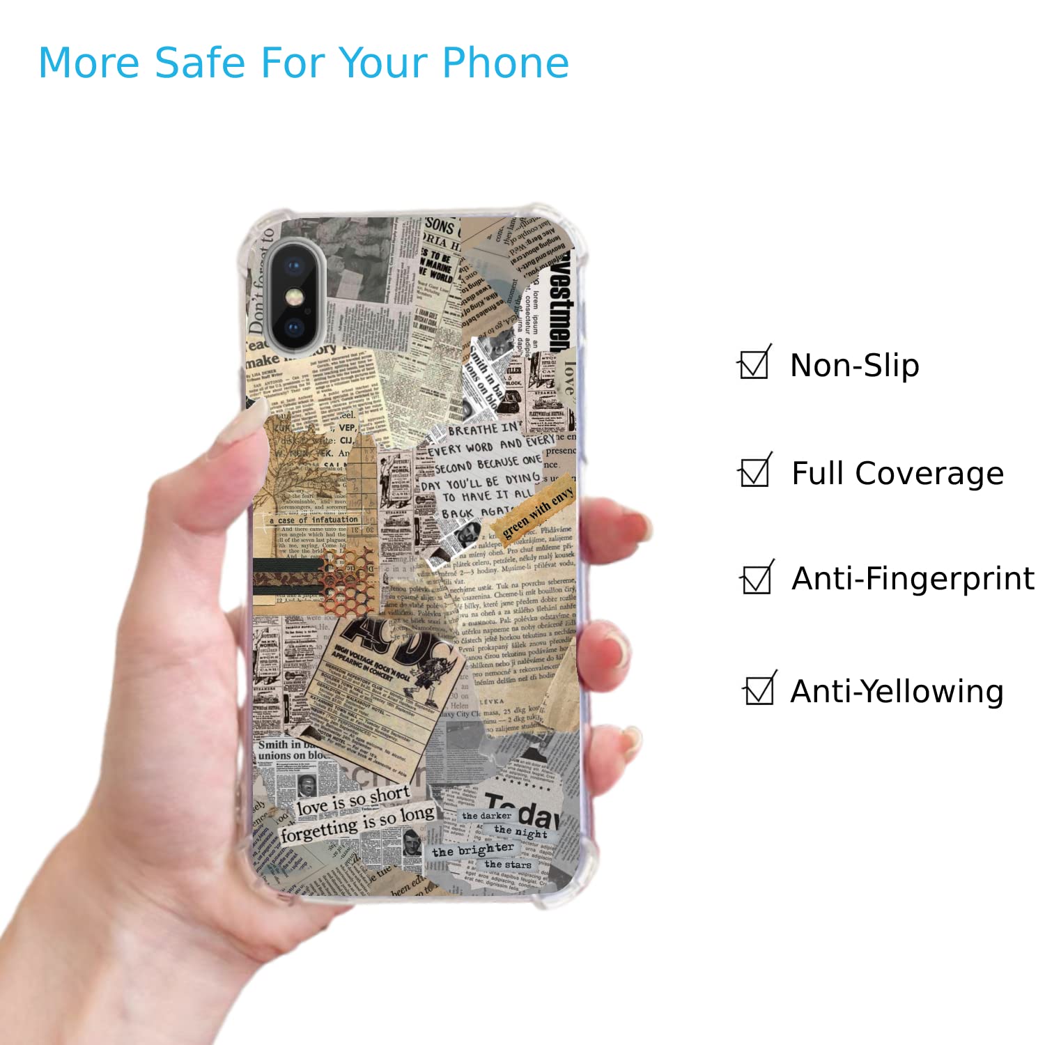Retro Vintage Newspaper Collage Phone Case Compatible with iPhone Xs/X - Aesthetic Quote Design Soft TPU Bumper Cover for Women Men Teens - Perfect for Daily Use, Travel & Lifestyle Photography