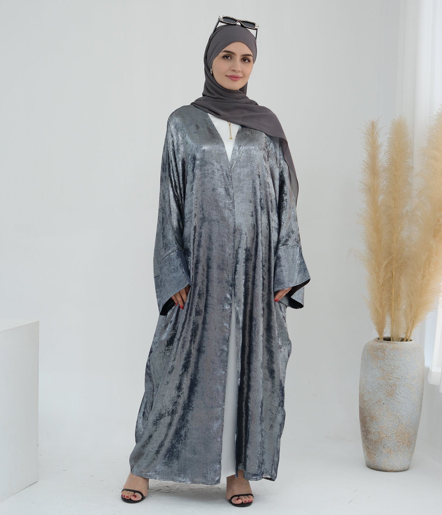 Draya Shimmer Kimono Open Abaya Silver - Elegant Muslim Women's Prayer Dress for Special Occasions & Evening Events