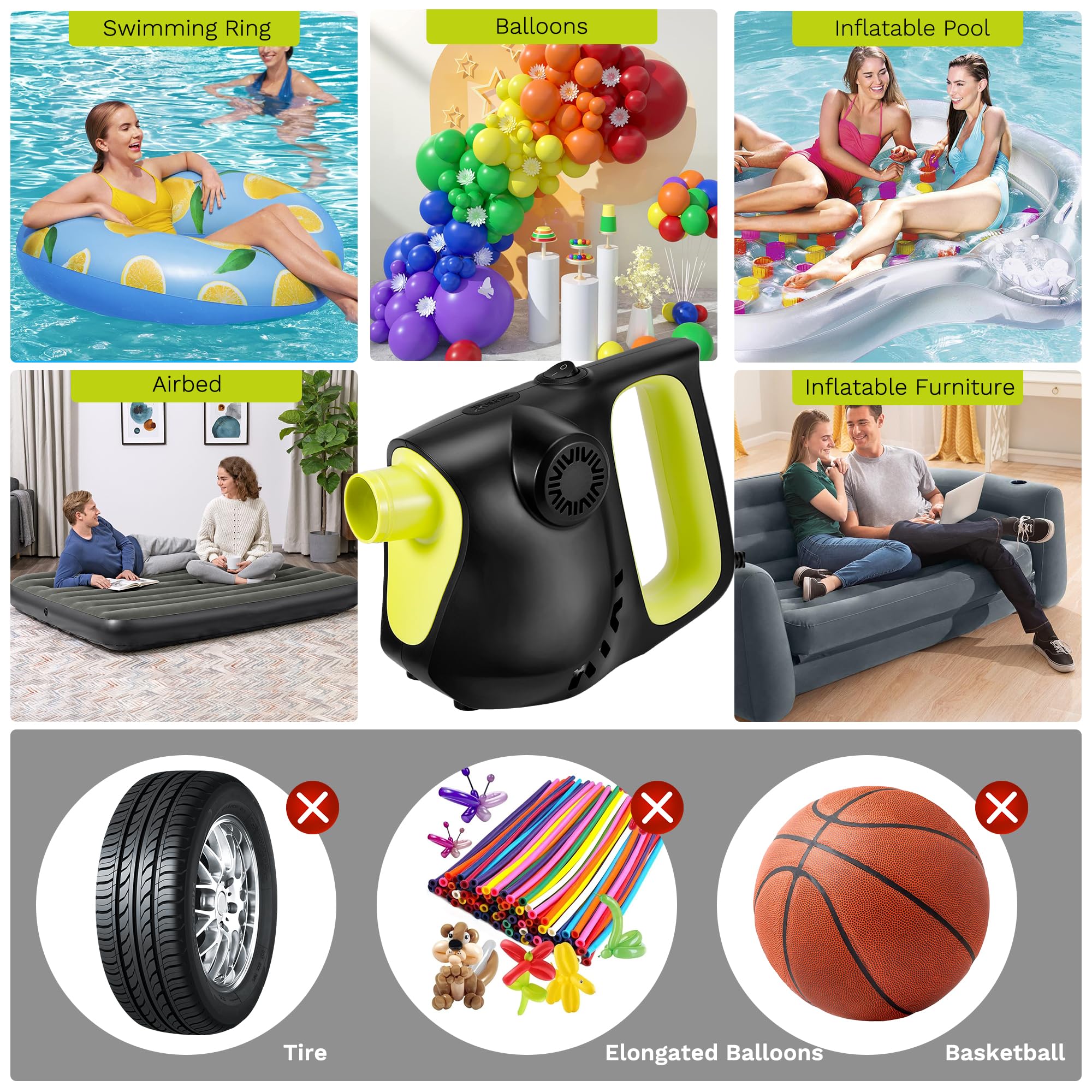 **Electric Air Pump for Inflatables - 7.5kPa Fast Inflation with 3 Nozzles, 850L/min High-Speed Pump for Air Mattress, Pool Floats, Toys & Swimming Rings - Perfect for Camping, Travel & Beach Parties**