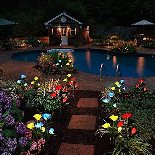 Solar Rose Garden Lights - 2 Pack Waterproof LED Flower Lights for Outdoor Pathway & Cemetery Decor (Blue)