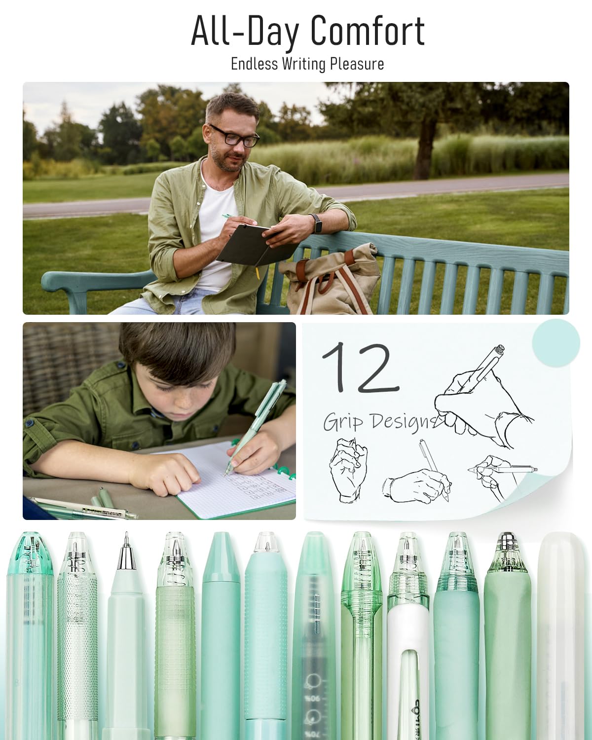 Pastel Gel Pens 12-Pack with Highlighter - 0.5mm Fine Point Retractable Pens for School, Office & Note Taking (Green)