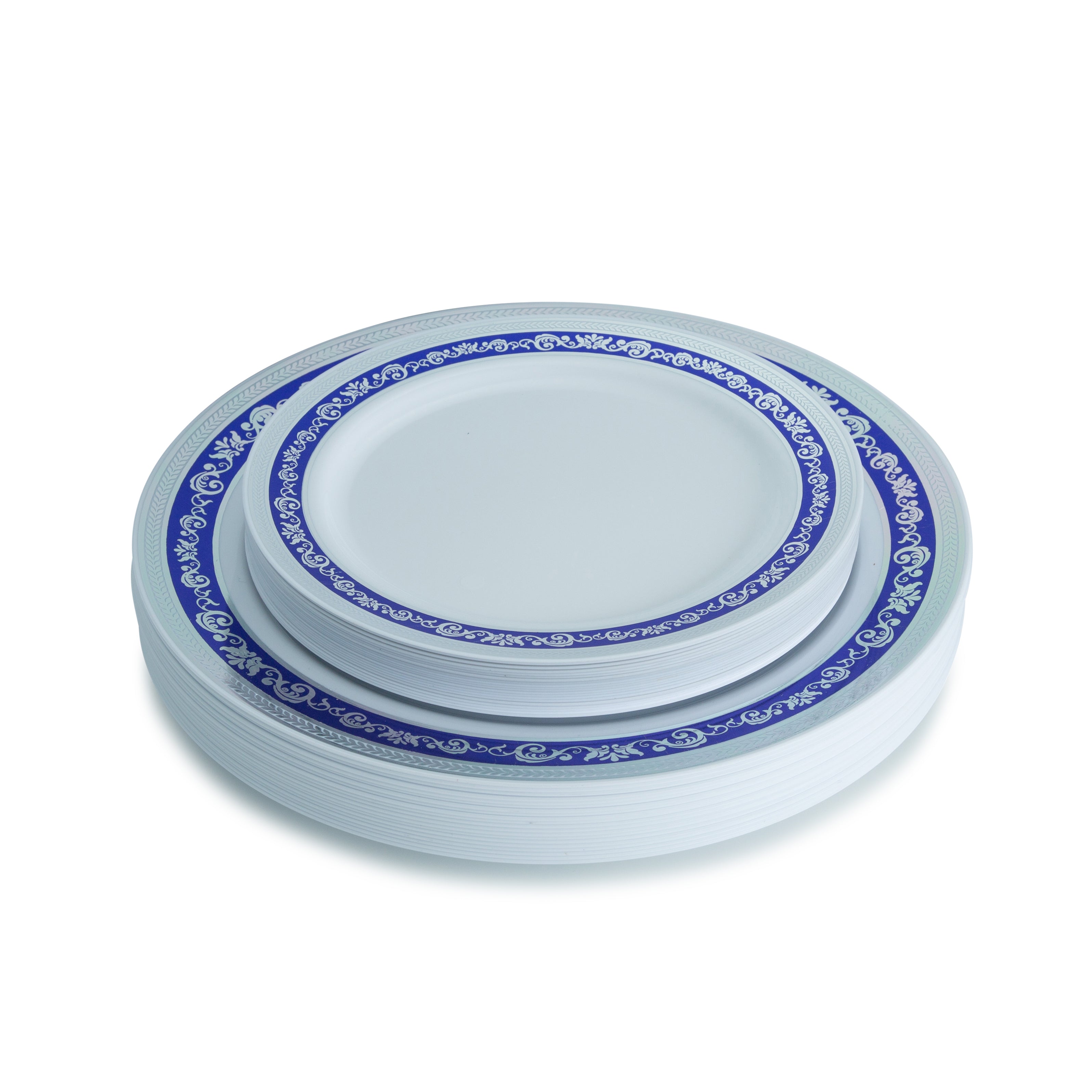 100-Piece Blue and Silver Round Plastic Dinnerware Set with Silverware for 20 Guests - Elegant & Durable Disposable Tableware for Parties, Weddings, and Outdoor Events