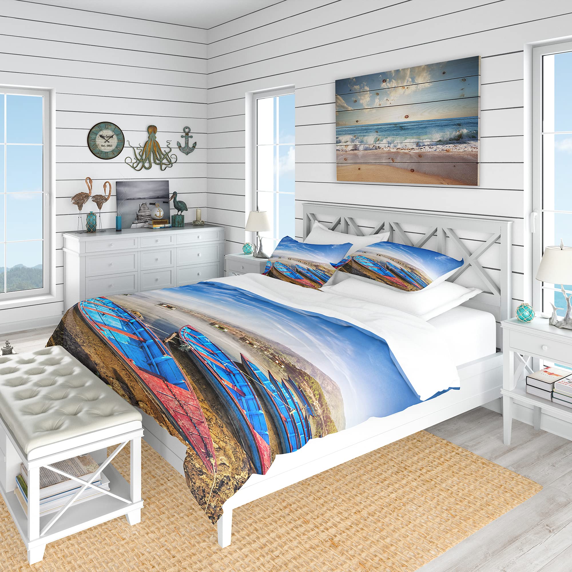 Blue Boats Under Blue Sky Nautical Queen Duvet Cover Set - 3 Piece Coastal Beach Bedding for All Seasons | Perfect for Beach House, Guest Room & Coastal Themed Bedroom Decor