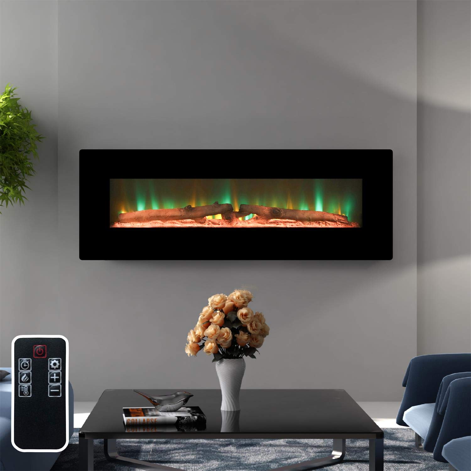 48 Inch Wall Mount Electric Fireplace with Remote Control & Timer - 1500W Black Fireplace Heater with Adjustable Log/Crystal Flame Effects - Perfect for Living Room, Bedroom, or Office Decoration