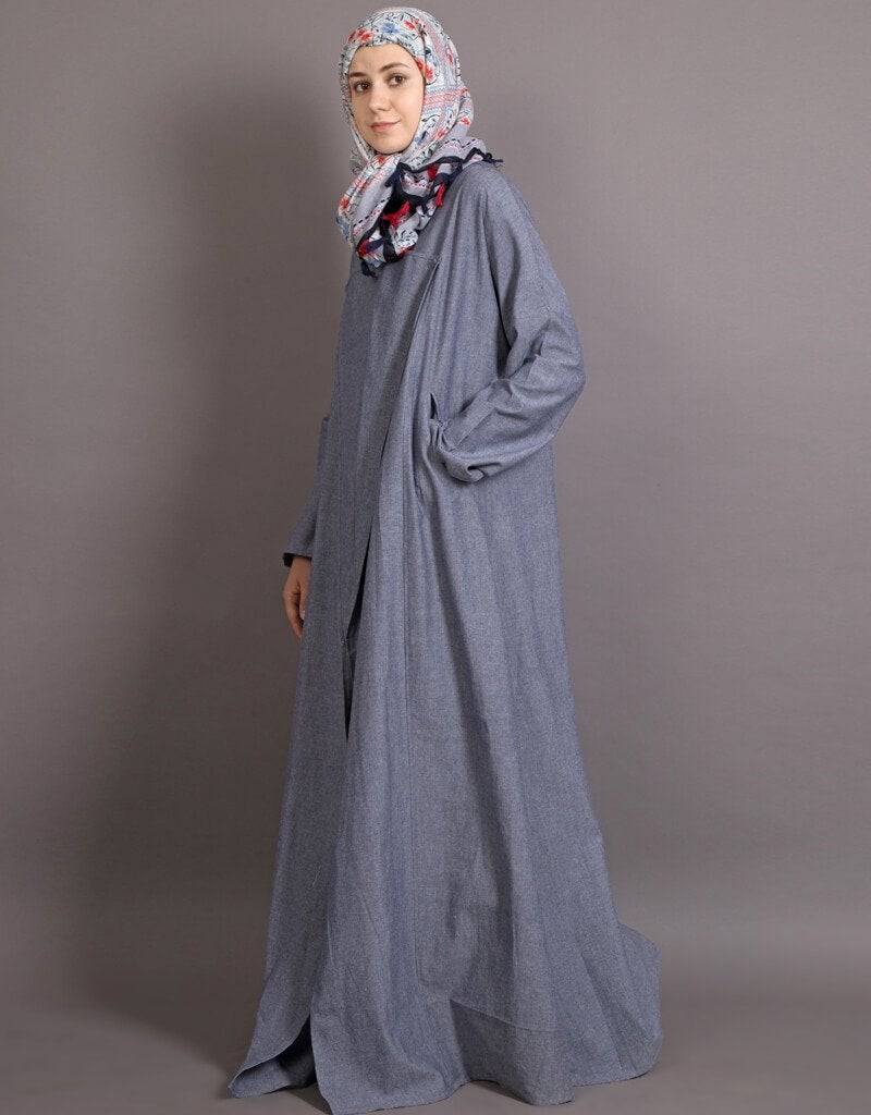 Elegant Arabic Executive Wrap Around Coat Abaya in Blue - Perfect for Formal Events, Office Wear & Special Occasions