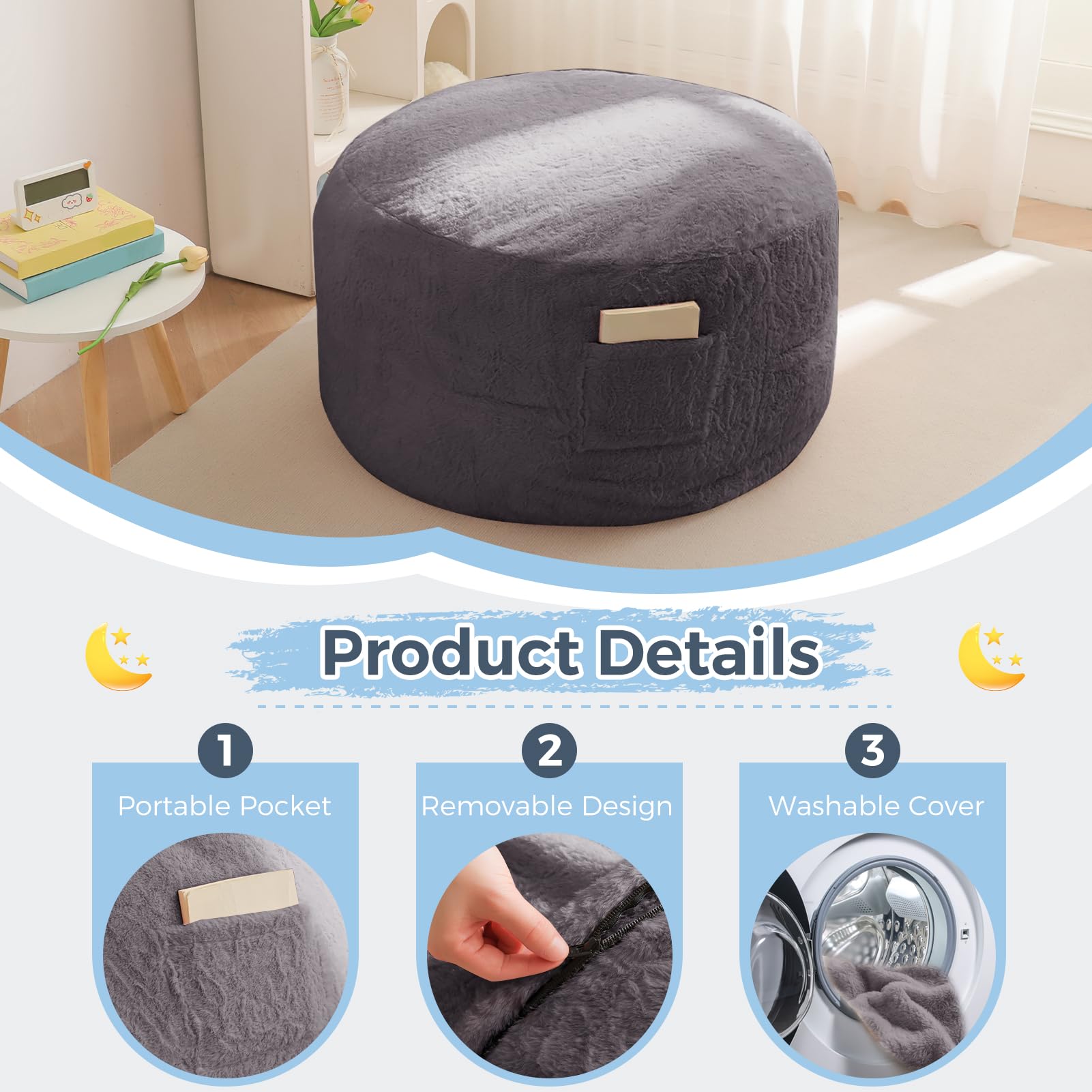 MAXYOYO Kids Bean Bag Chair Bed - Convertible Lazy Chair to Floor Mattress (Dark Grey) - Perfect for Playrooms, Dorm Rooms & Sleepovers