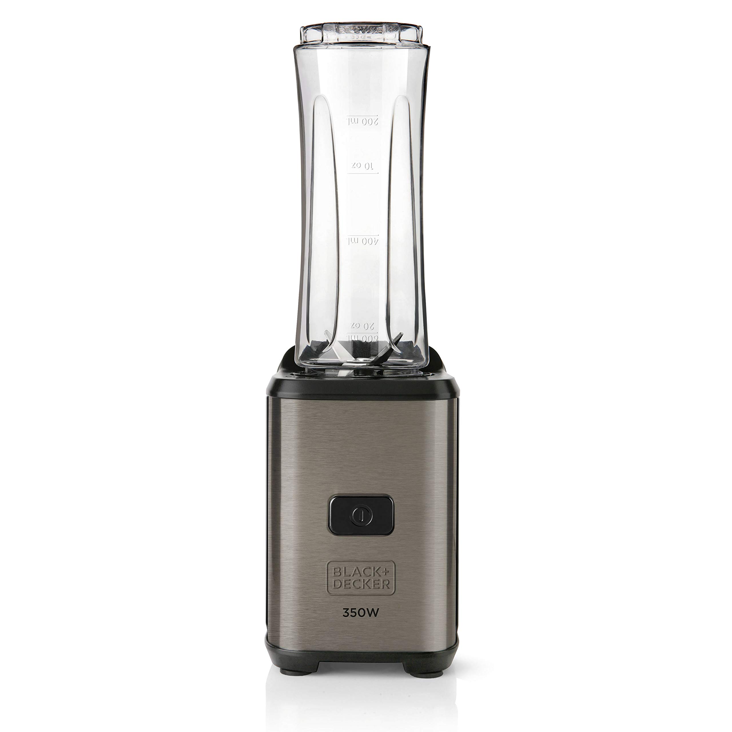 BLACK+DECKER BXJBA350E 350W Mini Blender for Smoothies & Shakes - 2 BPA-Free 600ml Bottles, Leak-Proof Lid, 4 Stainless Steel Blades, Fingerprint-Resistant Black & Steel - Perfect for Kitchen, Office & Travel Use