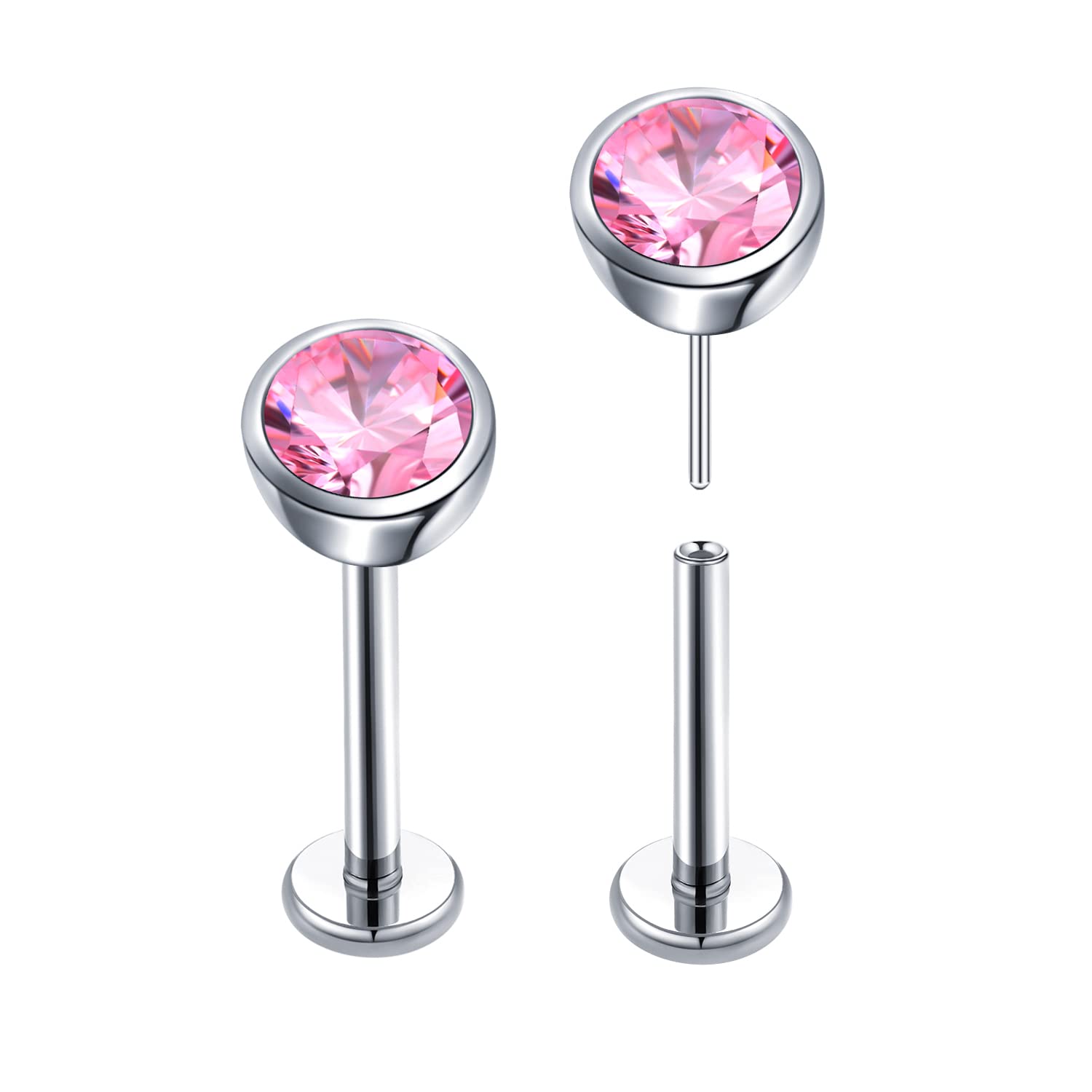 VOJO 20G G23 Titanium Flat Back Stud Earrings with CZ Stones | Hypoallergenic Threadless Cartilage Piercing Jewelry for Women | Perfect for Everyday Wear, Parties & Sensitive Ears