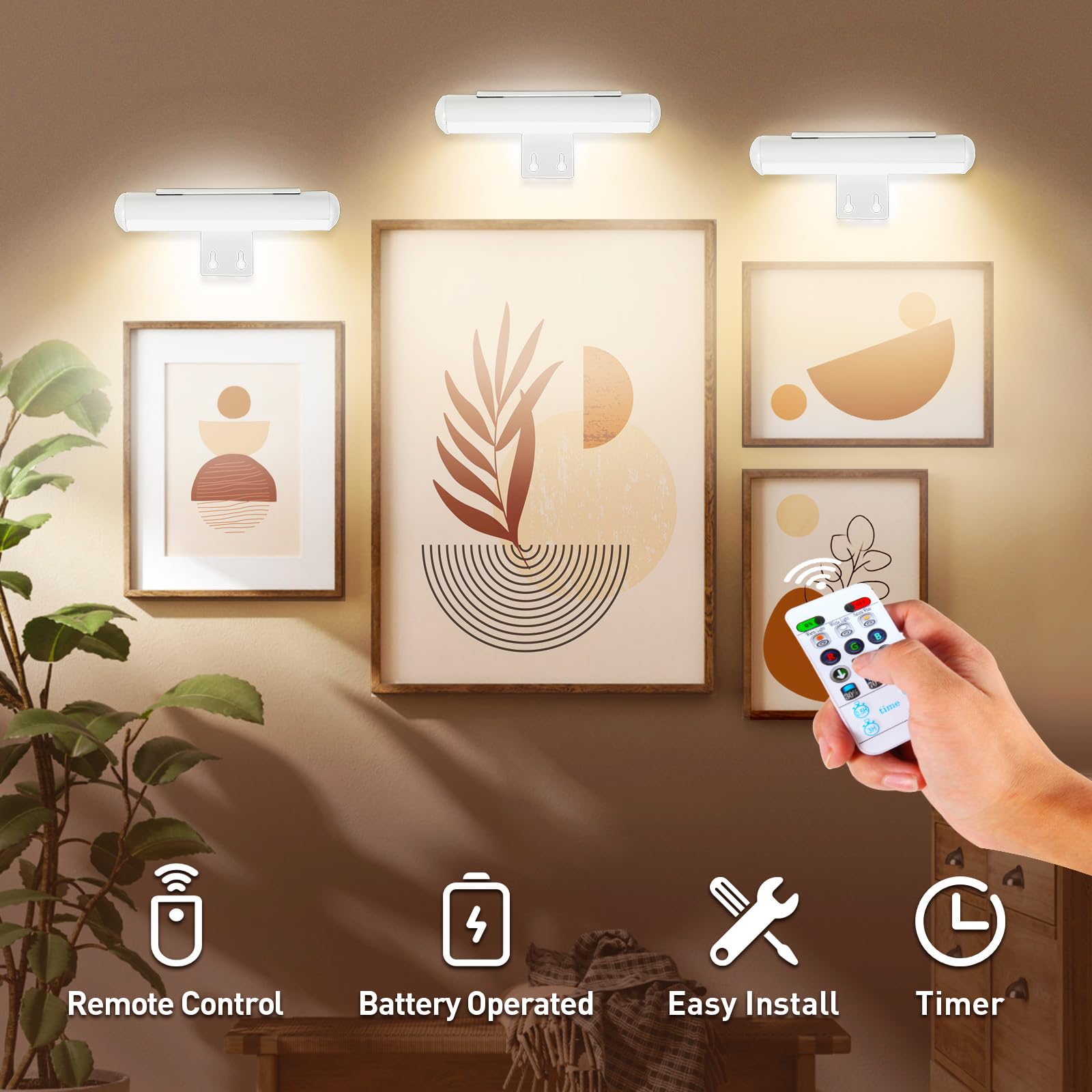 2 Pack Battery Operated Picture Lights with Remote Control - Dimmable LED Art Light with Timer for Wall Paintings, Photo Frames, Portraits & Dartboards - Metal Body for Living Room, Gallery & Home Decor