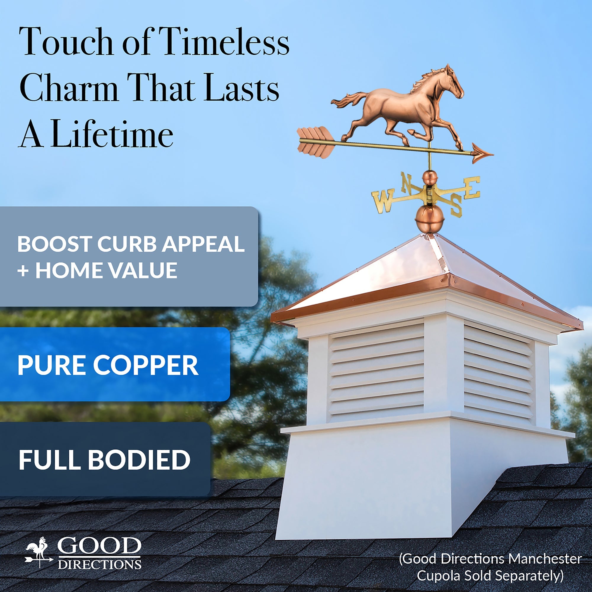 Vintage Trotting Horse Weathervane - Handcrafted Copper Garden Decor for Outdoor & Farmhouse Style - Perfect for Roof, Barn, or Yard Decoration