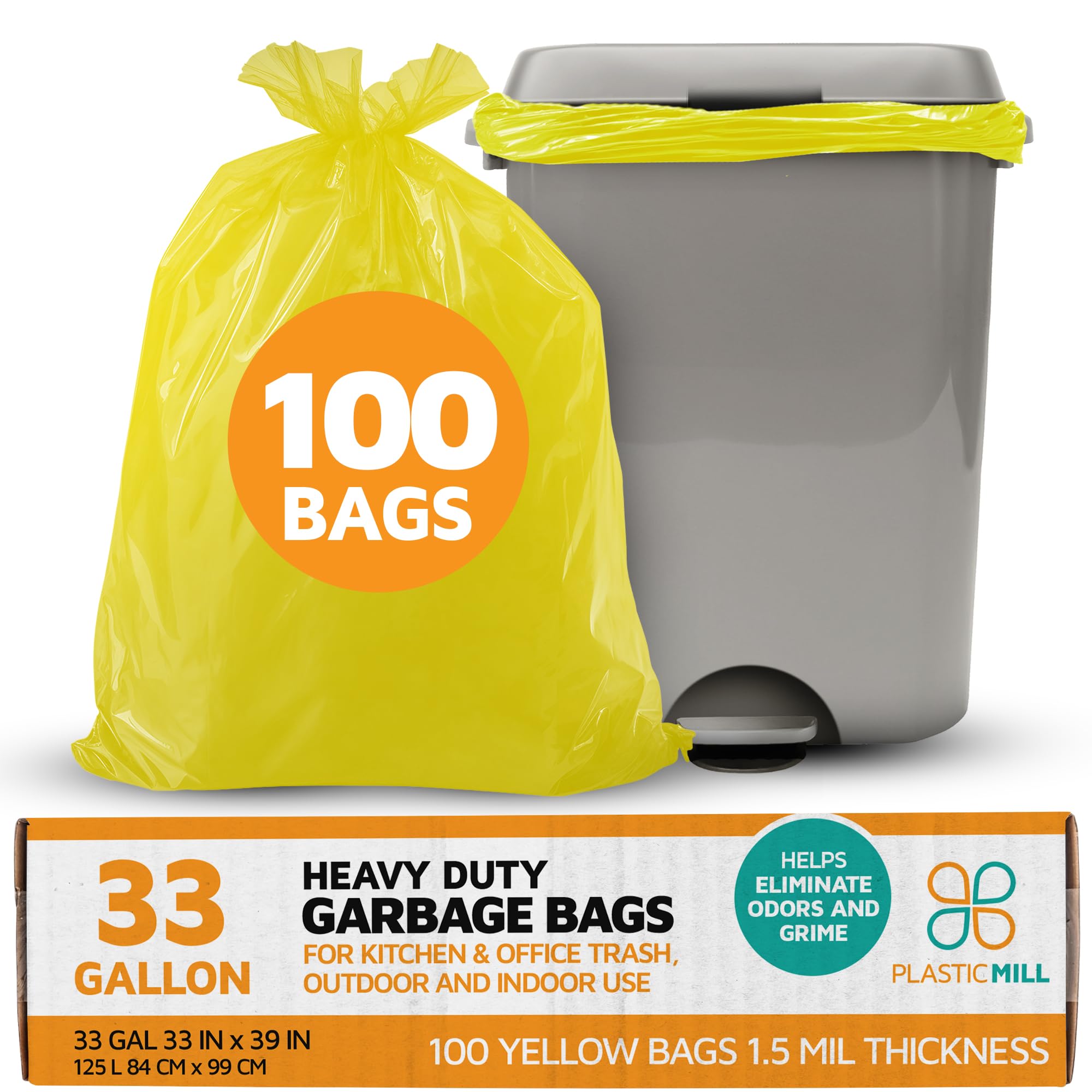 PlasticMill Heavy Duty 33-Gallon Trash Bags - 1.5 Mil Thick Yellow Garbage Bags for Kitchen, Office & Outdoor Use - 33