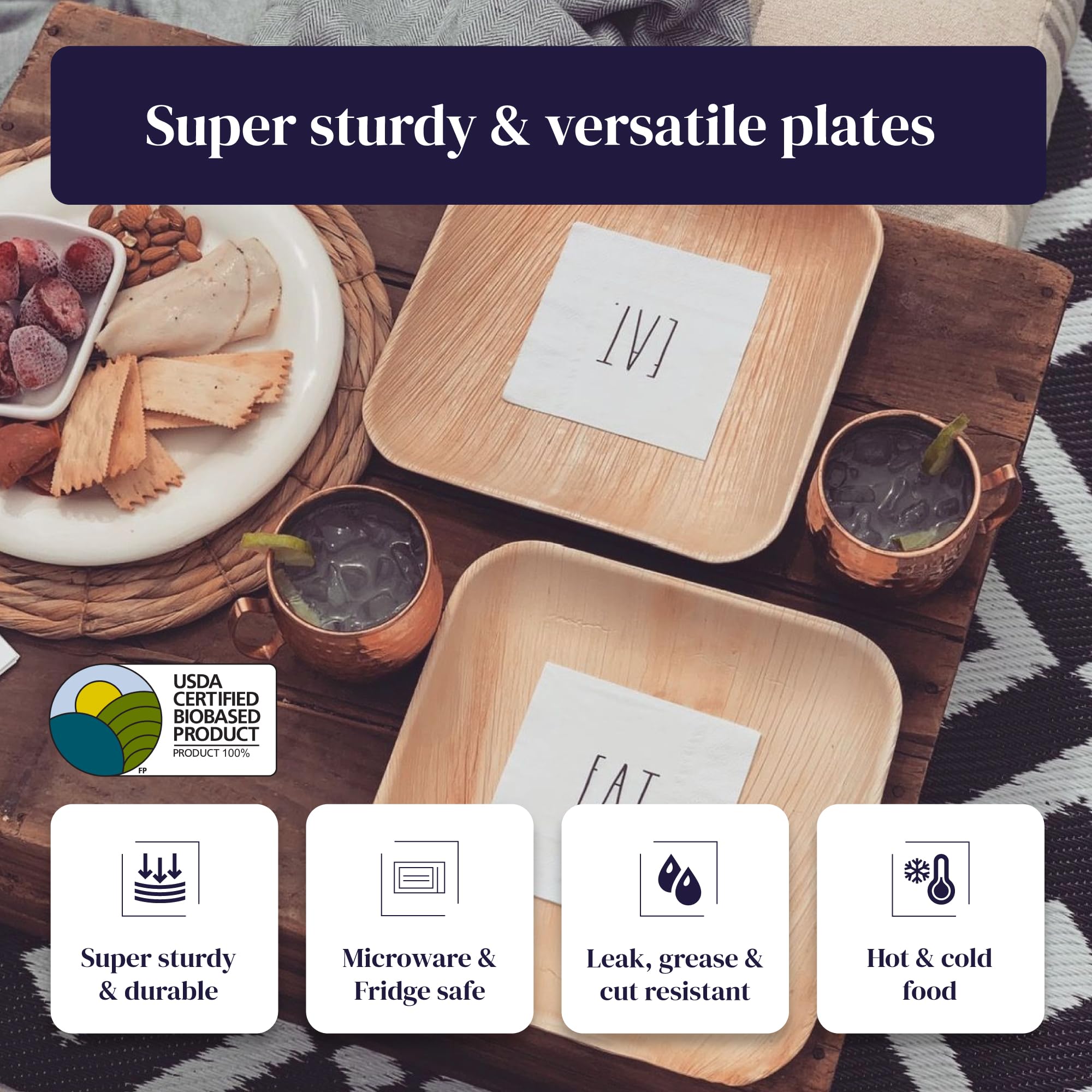 Eco-Friendly 6 Inch Square Palm Leaf Plates - 20 Pack | Biodegradable & Compostable Disposable Bamboo Plates | Premium Sturdy Wood-Style Dessert Plates for Parties, Picnics, Weddings & Sustainable Dining