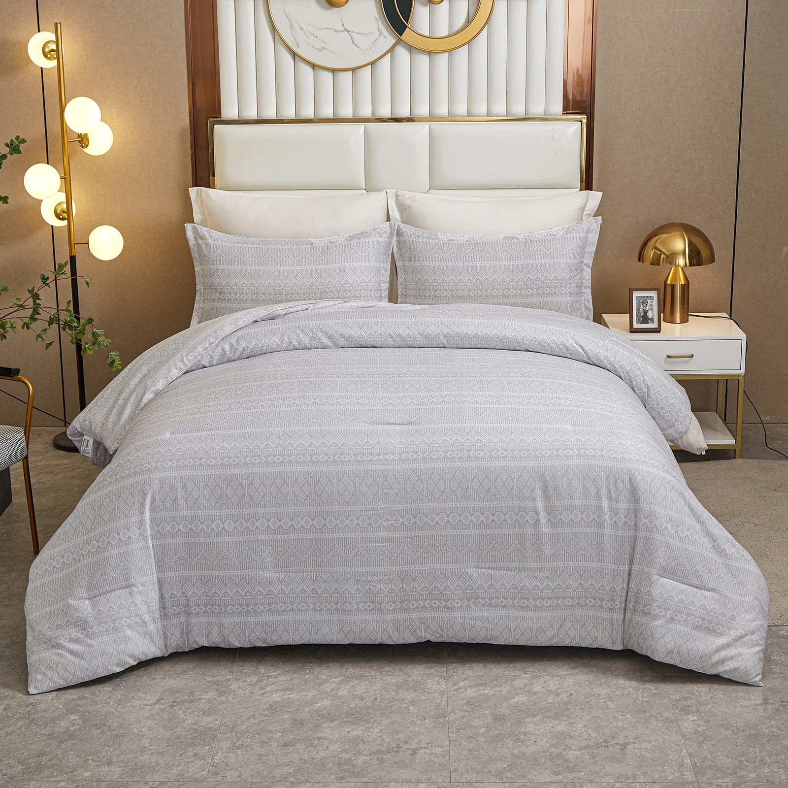 Boho Grey Comforter Set Queen Size (90×90 Inches) - 3 Piece Geometric Striped Bedding with Soft Microfiber Comforter & 2 Pillowcases | Cozy Bedroom Decor for Adults, Perfect for Guest Rooms & Modern Boho Chic Homes
