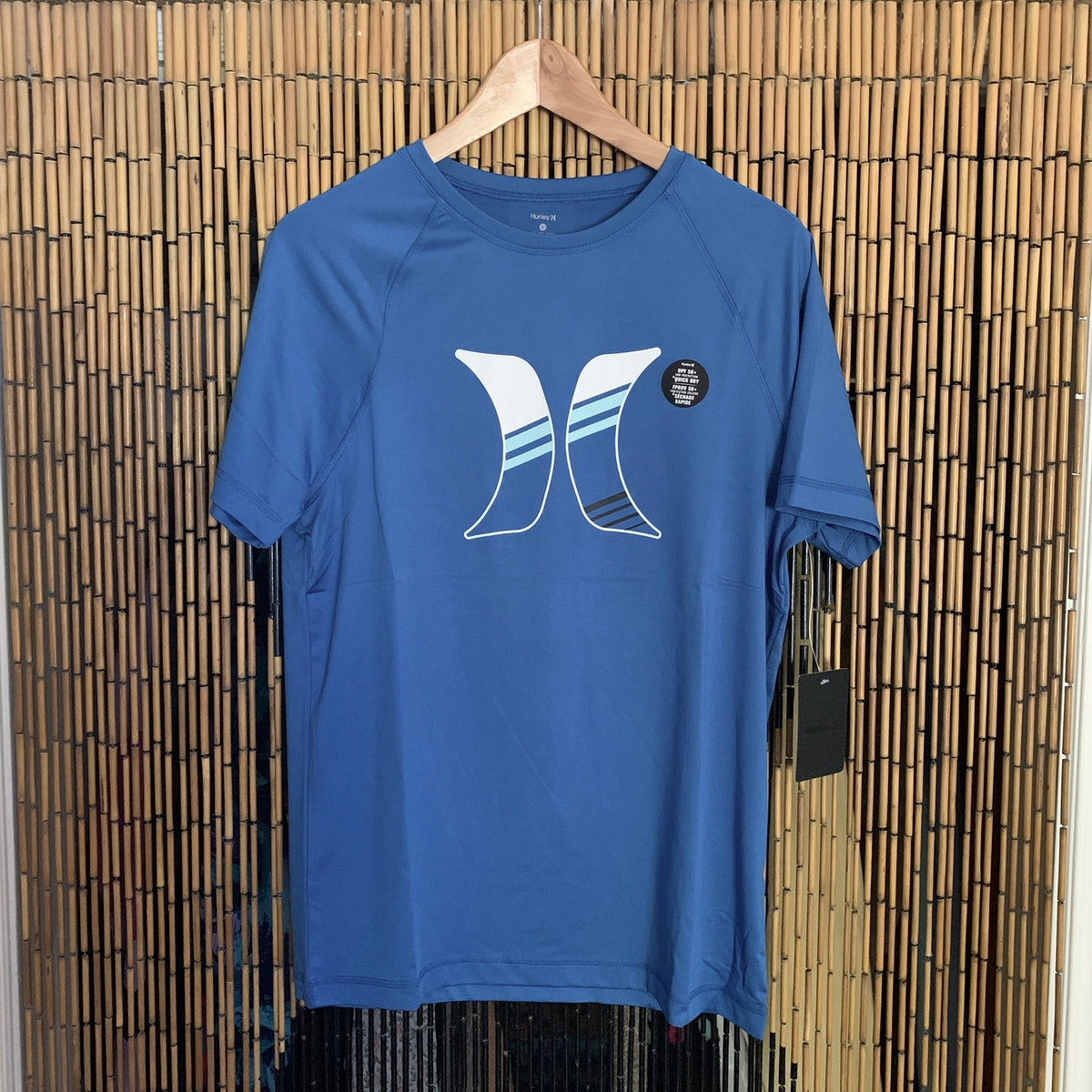 Men's UPF 50+ Sun Protection Rash Guard Shirt - Hurley Short Sleeve Swim Shirt in Blue/Star Sapphire | UV Blocking Surf Shirt for Swimming, Beach & Outdoor Activities