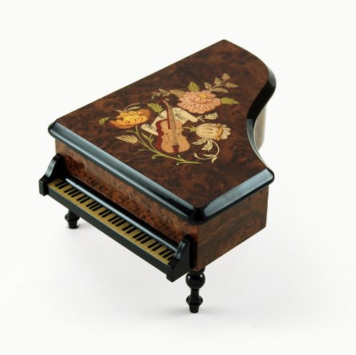 36 Note Burl Wood Grand Piano Music Box with Floral Design - Plays Multiple Classic Songs - Perfect for Weddings, Anniversaries & Home Decor Gifts