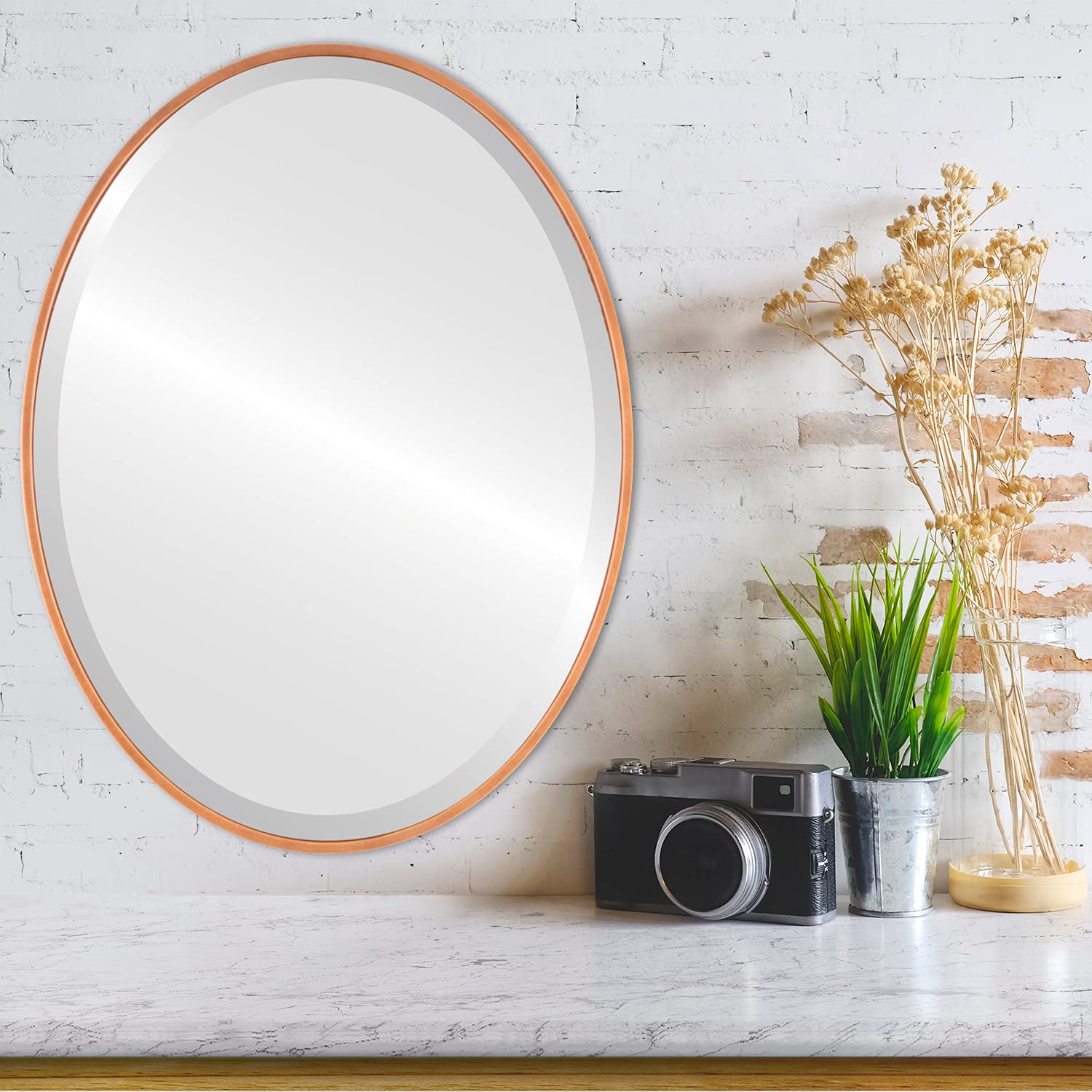 OVALCREST - 18.6x24.6 Inch Oval Wooden Beveled Wall Mirror - Sunset Gold Finish - Singapore Style Home Decor for Bathroom, Vanity, Bedroom, Living Room & Hallway - Perfect for Makeup, Dressing & Interior Design