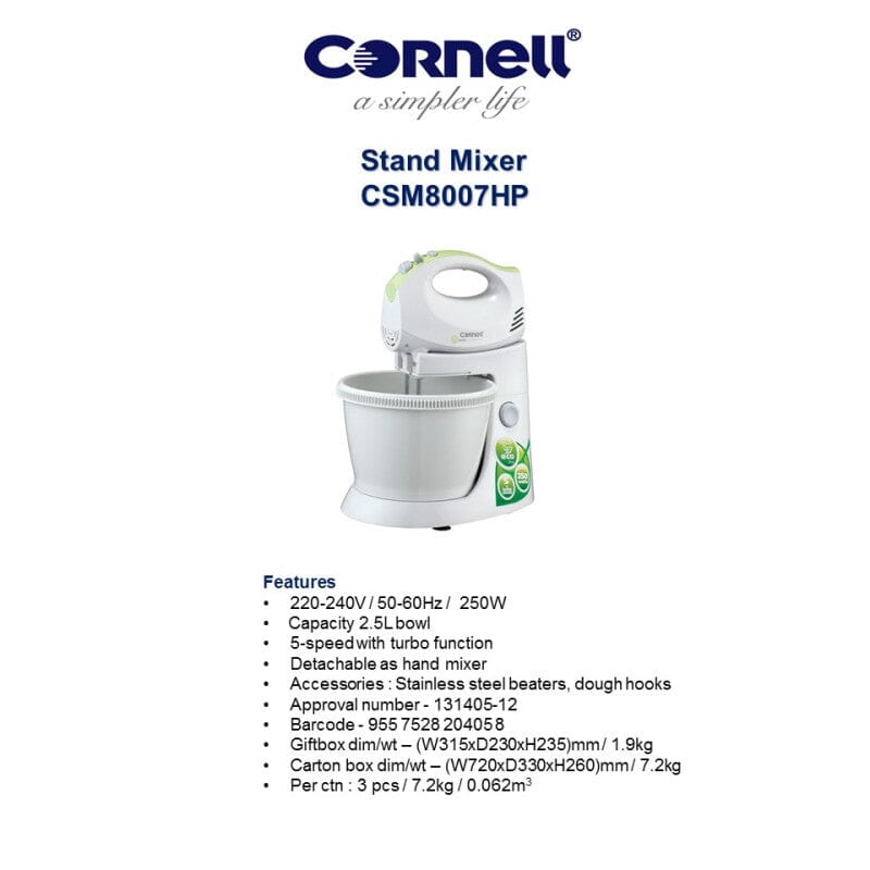 Cornell Stand Mixer 250W CSM8007HP - Powerful Electric Mixer for Baking, Dough Kneading & Whipping - Perfect for Home Bakers & Professional Kitchens