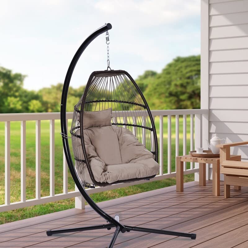 Outdoor Patio Wicker Folding Hanging Swing Hammock Egg Chair with Cushion & Pillow - Weather-Resistant Metal Frame & C-Type Bracket - Modern Contemporary Brown Design for Garden, Balcony or Backyard Relaxation