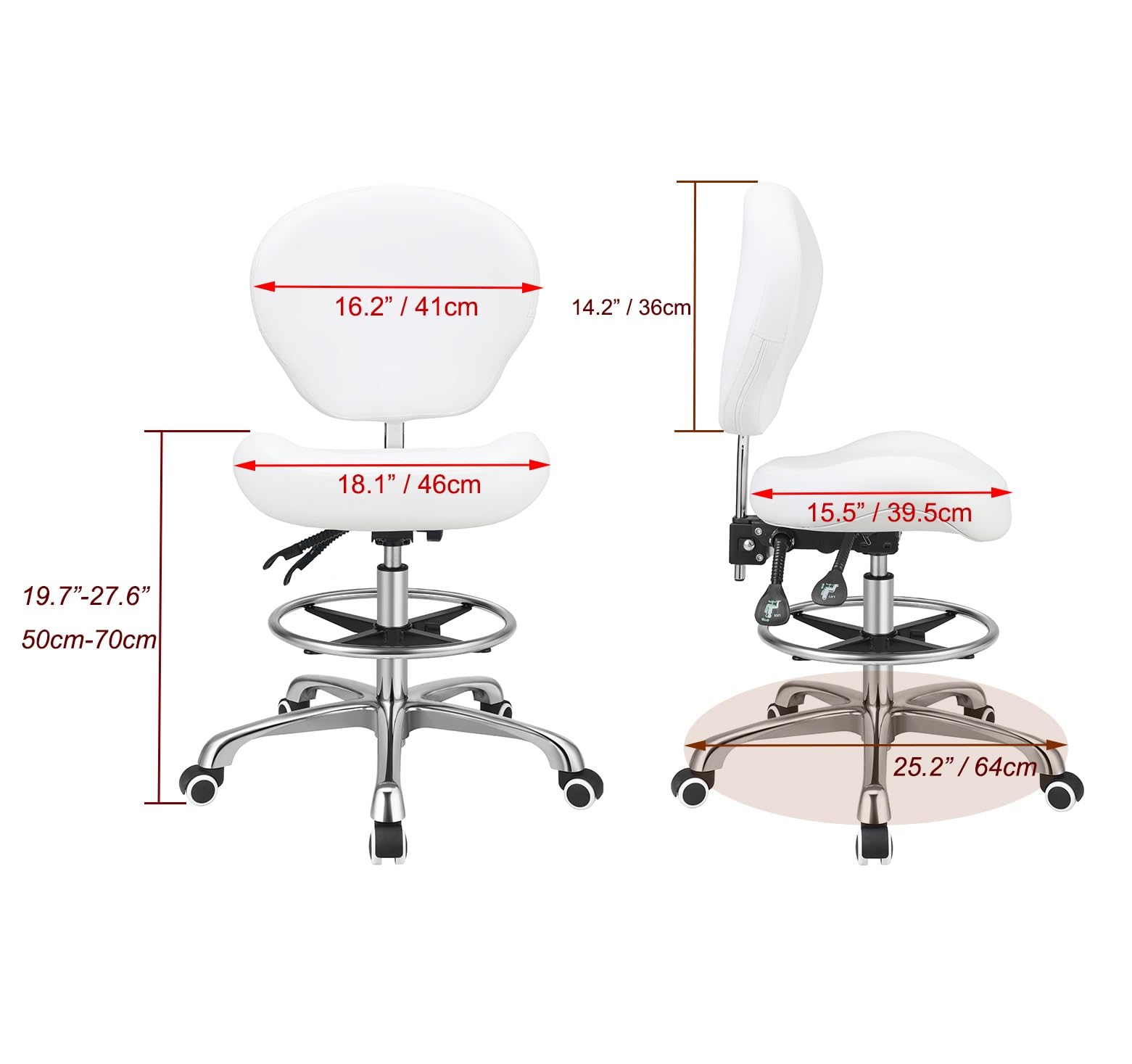 Adjustable Height Drafting Stool with Backrest & Footrest - Swivel Rolling Office Chair for Work, Studio, Dental, Salon & Kitchen - Ergonomic Home Desk Chair (White) - Perfect for Artists, Designers & Professionals