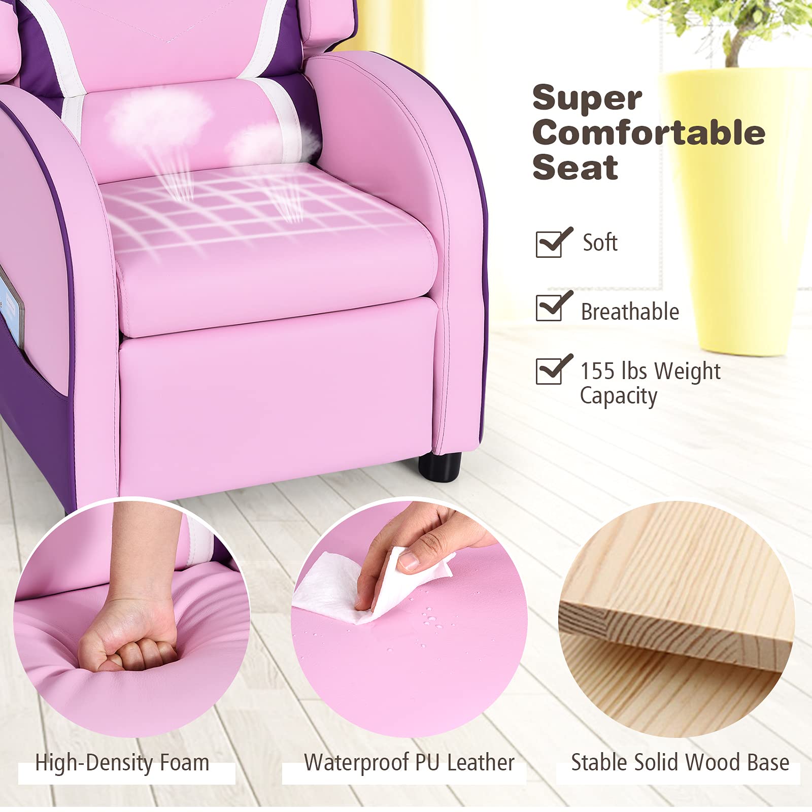 ARLIME Kids Recliner Chair - Adjustable PU Leather Lounge Chair with Footrest, Armrests & Lumbar Support - Comfortable Toddler Sofa for Boys & Girls (Pink) - Perfect for Reading, Gaming & Relaxing in Bedroom or Playroom