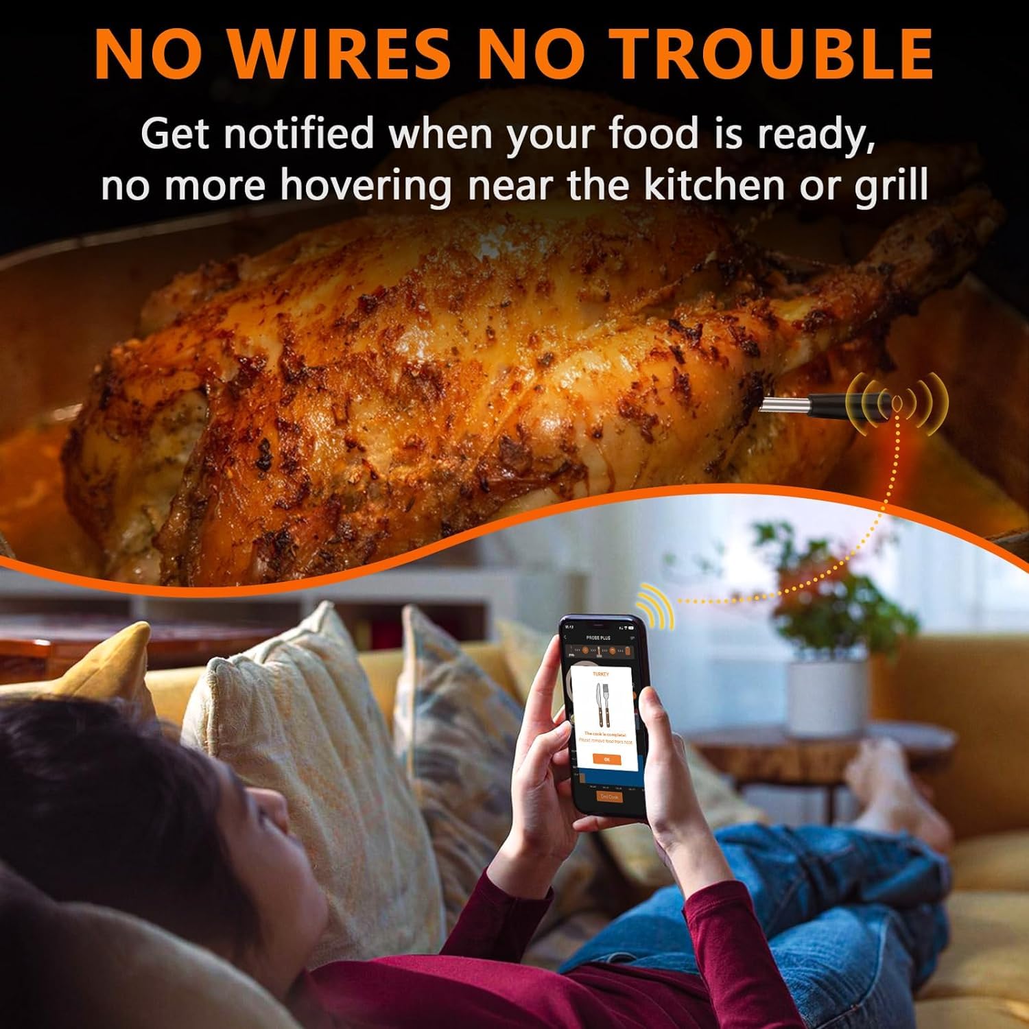 Wireless Meat Thermometer with Bluetooth & WiFi - Waterproof Probe for Grill, Oven, Smoker - Smart Cooking Thermometer for Kitchen & Outdoor BBQ - Perfect for Grilling, Smoking, Baking & Roasting