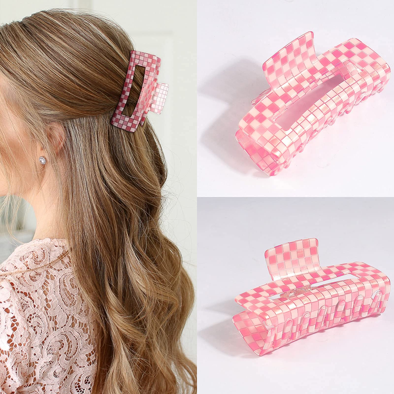 Large Checkered Claw Hair Clips for Thick Hair - 2pcs 4 Inch Rectangle Y2K Fashion Hair Accessories in Pink Green Checkerboard | Perfect for School, Parties and Everyday Styling