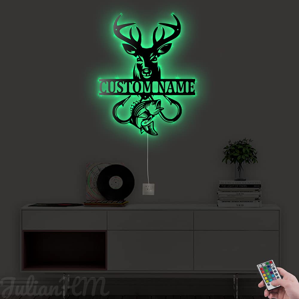 Personalized Deer Fish Hook Monogram Metal Wall Decor with LED Lights - Custom Deer Hunting Wall Art & Name Sign for Living Room, Bedroom, Cabin - 18x18 Inches Rustic Home Decor for Hunters & Outdoor Enthusiasts