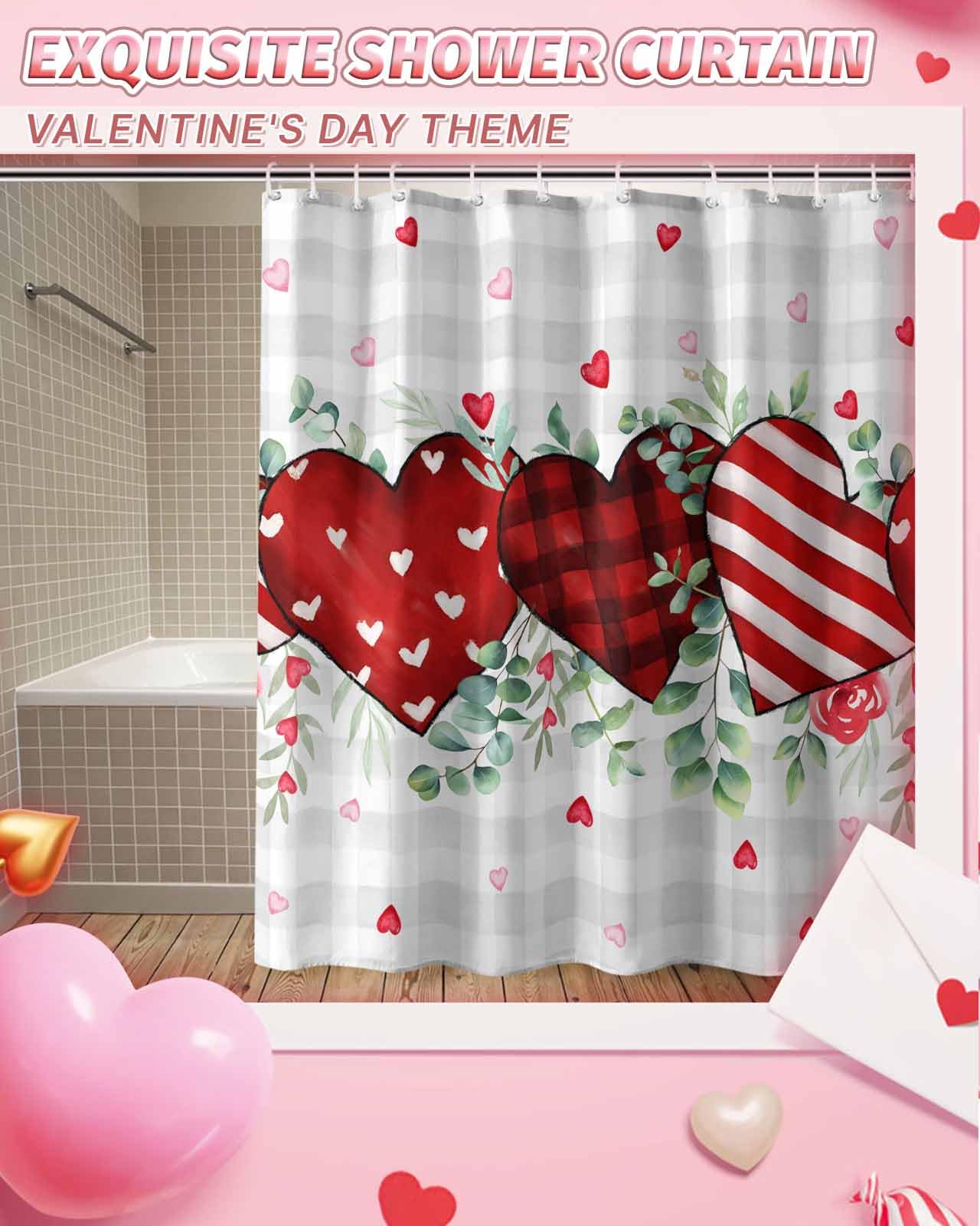 Valentine's Day Shower Curtain - Red Heart Leaves Plaid Stripes Funny Bathroom Decor, Waterproof & Washable Fabric Shower Curtain with Hooks, 72x84 Inch - Perfect for Romantic Bathroom Decorations & Valentine's Gifts