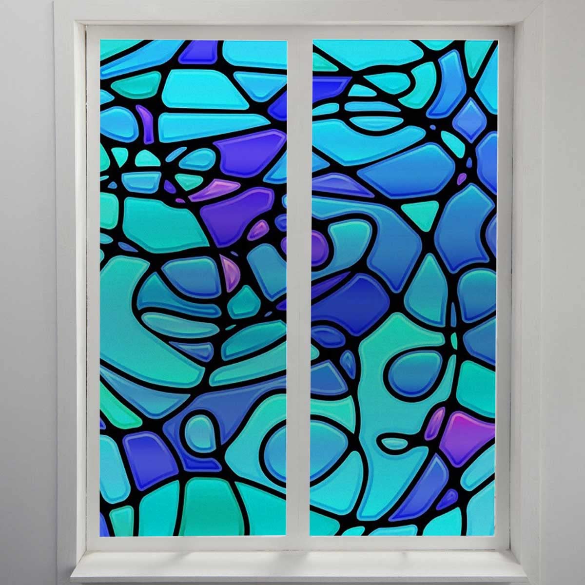Vintage Blue Window Film Tint - 3D Art Glass Paper Blinds for Blackout Privacy - Perfect for Bedrooms, Living Rooms, and Office Spaces