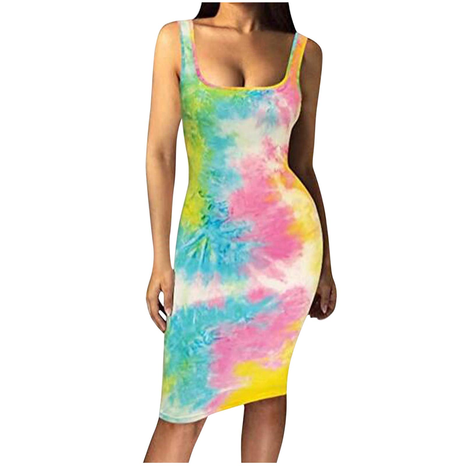 Trendy Printed Tie-Dye Denim Tank Dress for Women - Sexy Sleeveless Knee-Length Fashion Top - Perfect for Summer Outings, Beach Parties & Casual Date Nights