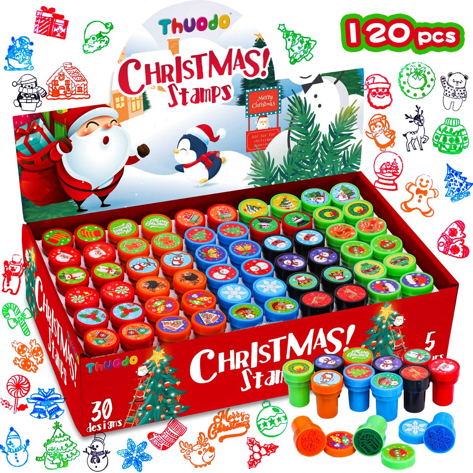 Thuodo 120-Piece Assorted Christmas Stamps for Kids - 30 Self-Inking Designs, Halloween Trick or Treat Party Favors, School Carnival Prizes & Goodie Bag Stuffers - Perfect for Holiday Crafts, Classroom Rewards & Christmas Gift Giving