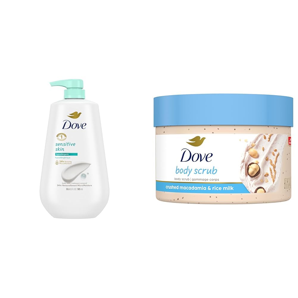Dove Sensitive Skin Body Wash 30.6oz with Macadamia Rice Milk Body Scrub 10.5oz - Gentle Cleansing & Exfoliating for Dry Skin - Perfect for Shower & Bath Time Relaxation