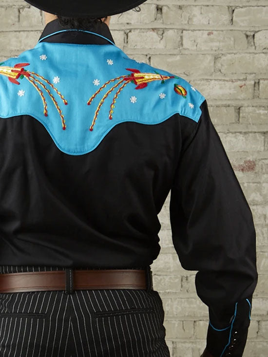 Rockmount 6726 Men's 2-Tone Space Cowboy Embroidered Western Shirt - Black & Turquoise - Perfect for Country Music Festivals, Rodeos & Western Fashion