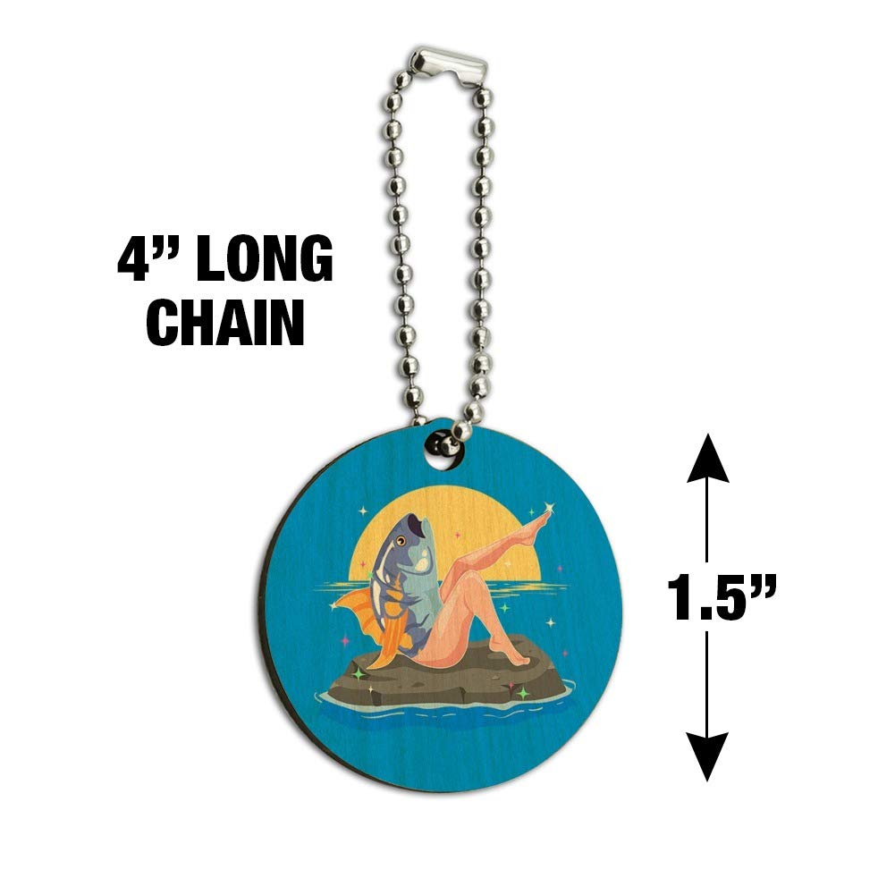 Unique Reverse Mermaid with Tuna Head Wooden Keychain - Handcrafted Round Key Ring for Fantasy Lovers, Perfect for Gifts, Cosplay & Beach Accessories